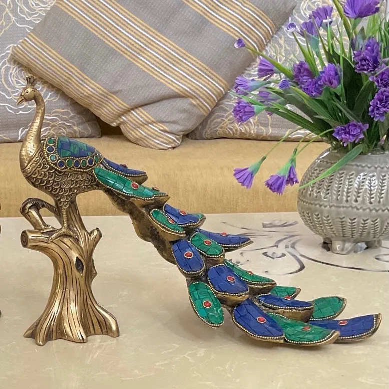12 Inches Handcrafted Brass Peacock With Stonework (set of 2)