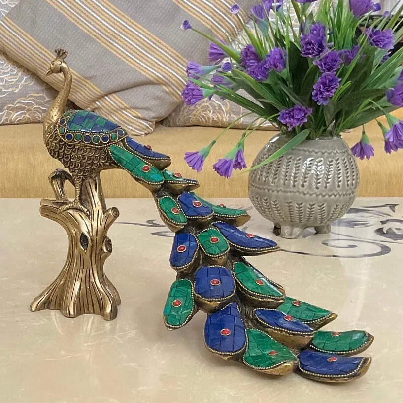12 Inches Handcrafted Brass Peacock With Stonework (set of 2)