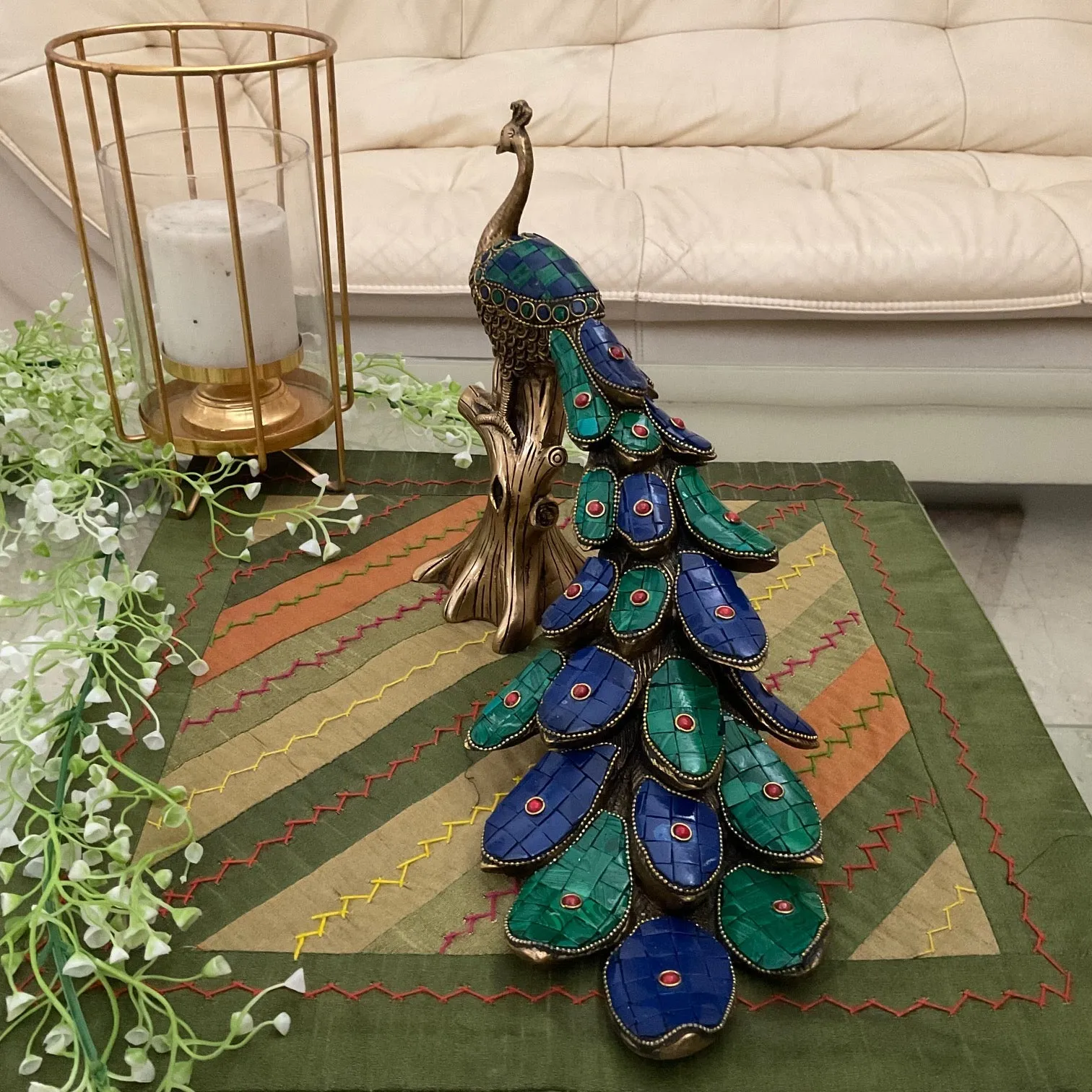 12 Inches Handcrafted Brass Peacock With Stonework (set of 2)