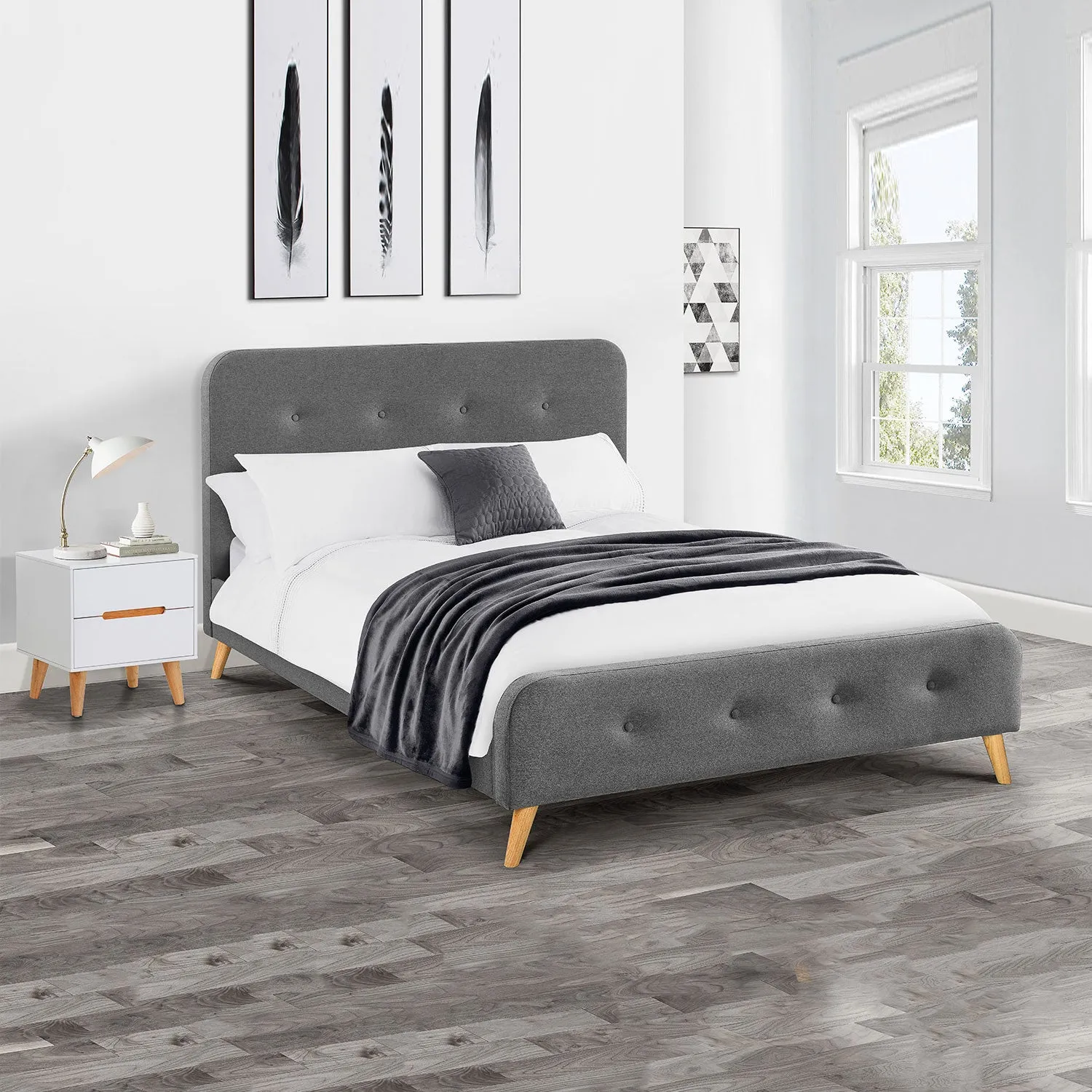 Astrid Curved Retro Buttoned Grey Fabric Bed