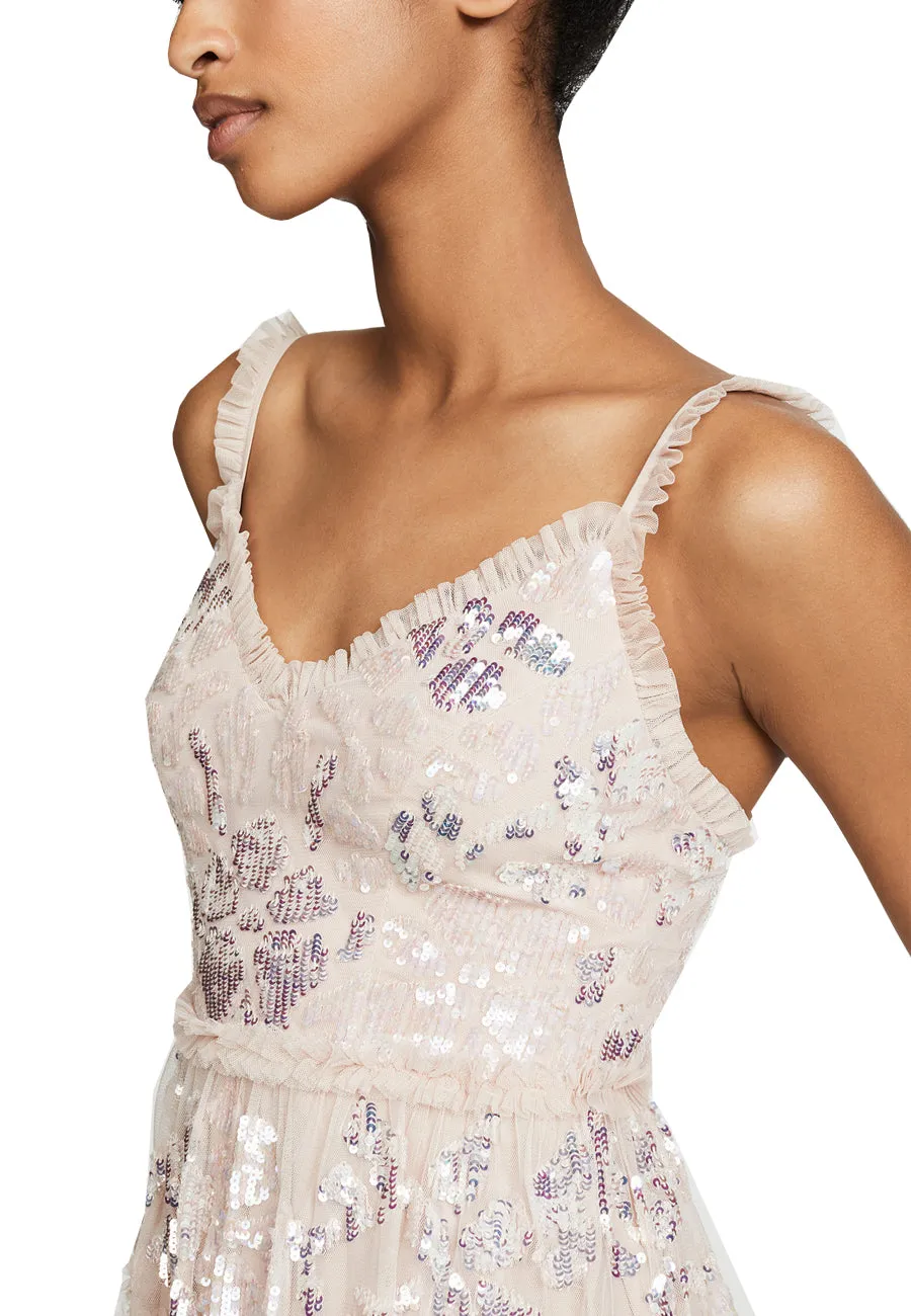 Beige Floral Gloss Sequins Gown