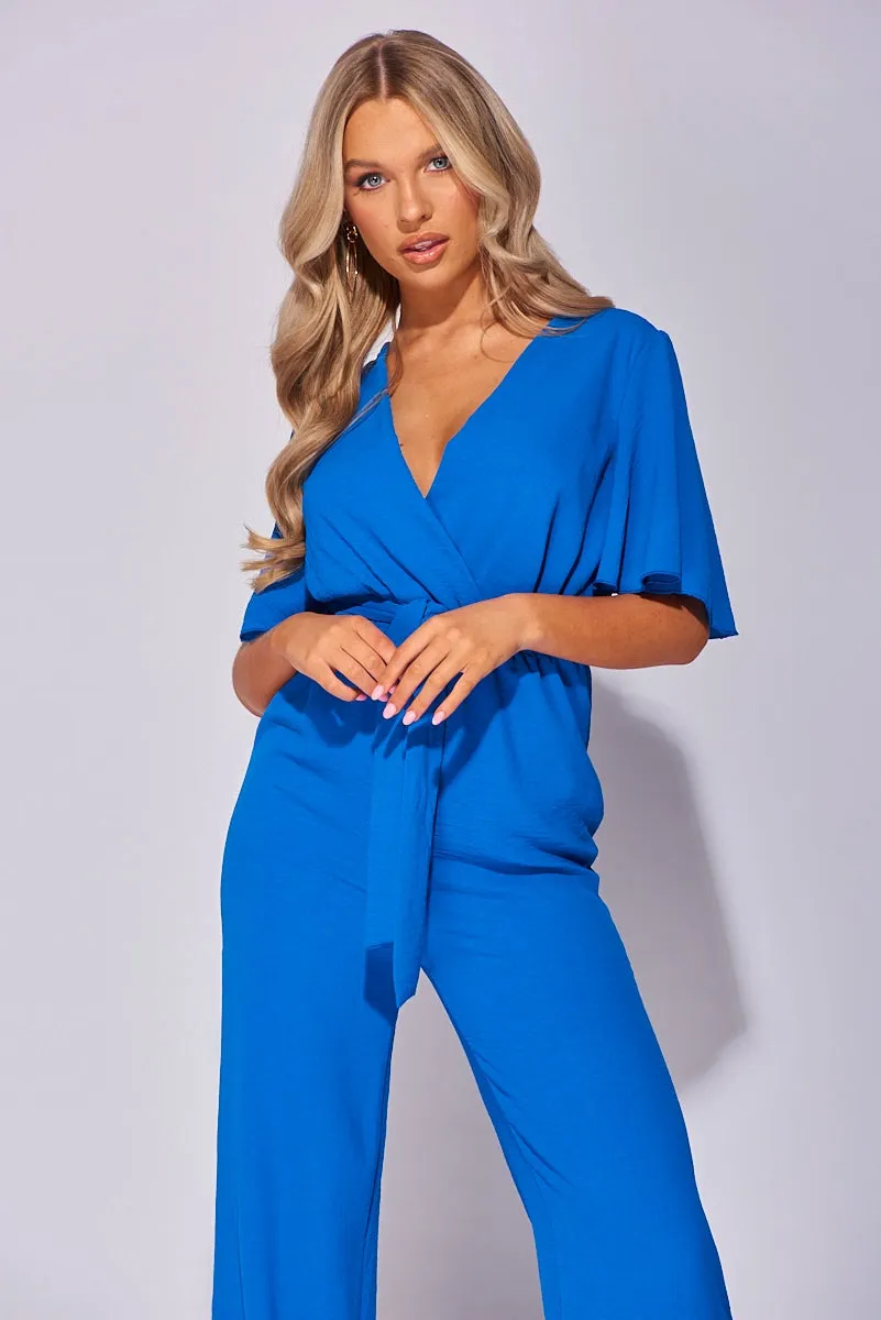 Blue Flute Sleeve Self Belt Wide Leg Jumpsuit