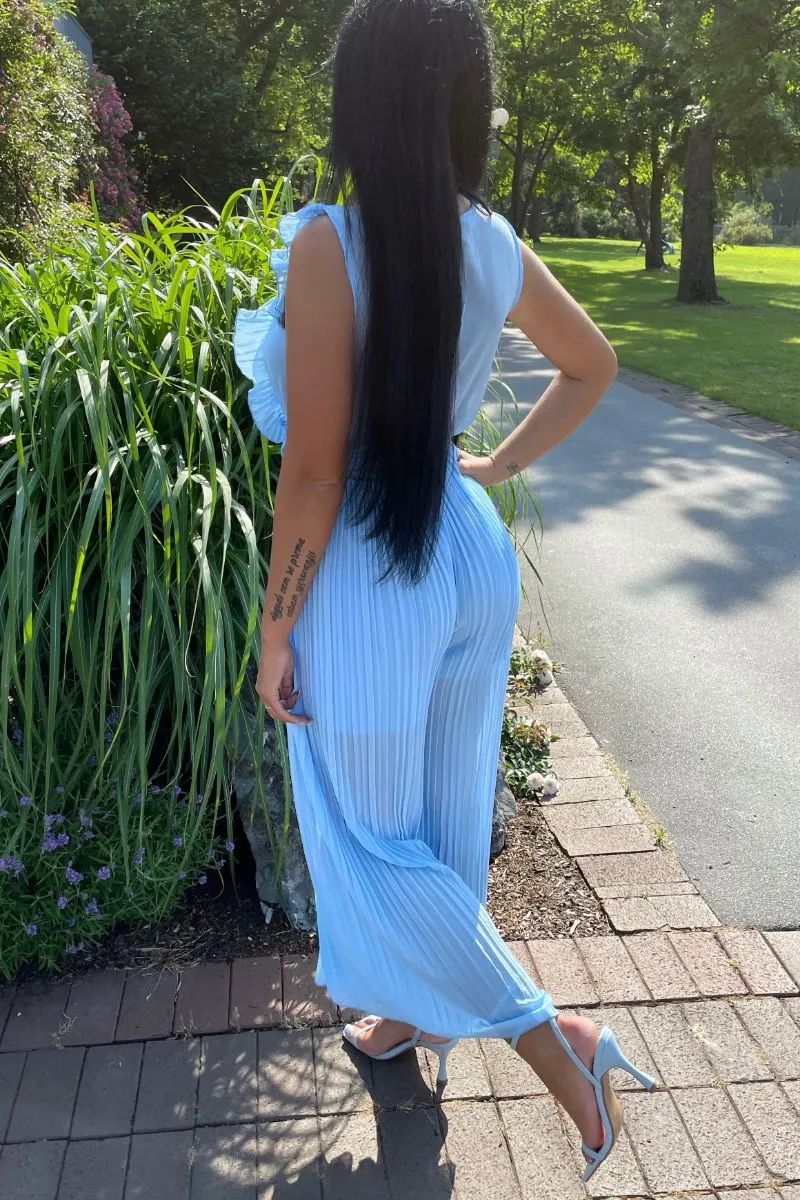 Blue  Frill Detail Plisse Pleat Wide Leg Jumpsuit