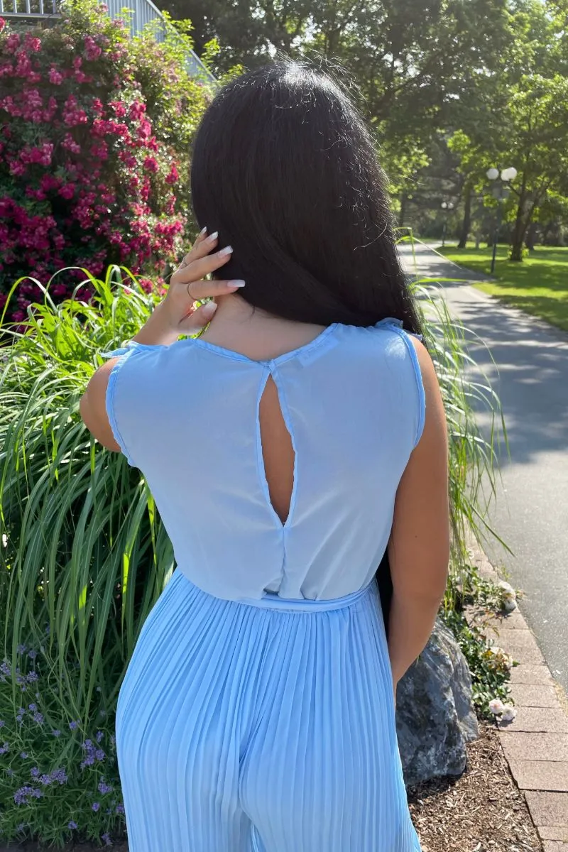 Blue  Frill Detail Plisse Pleat Wide Leg Jumpsuit