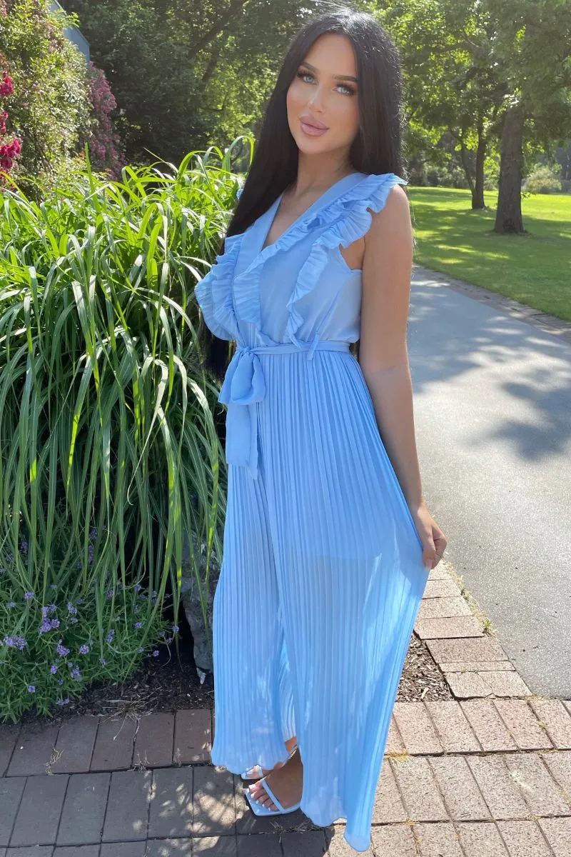 Blue  Frill Detail Plisse Pleat Wide Leg Jumpsuit