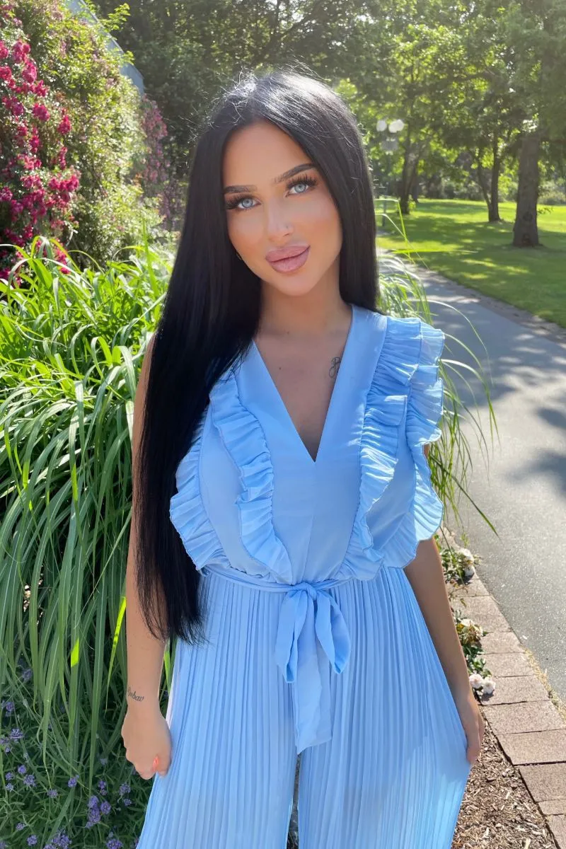 Blue  Frill Detail Plisse Pleat Wide Leg Jumpsuit