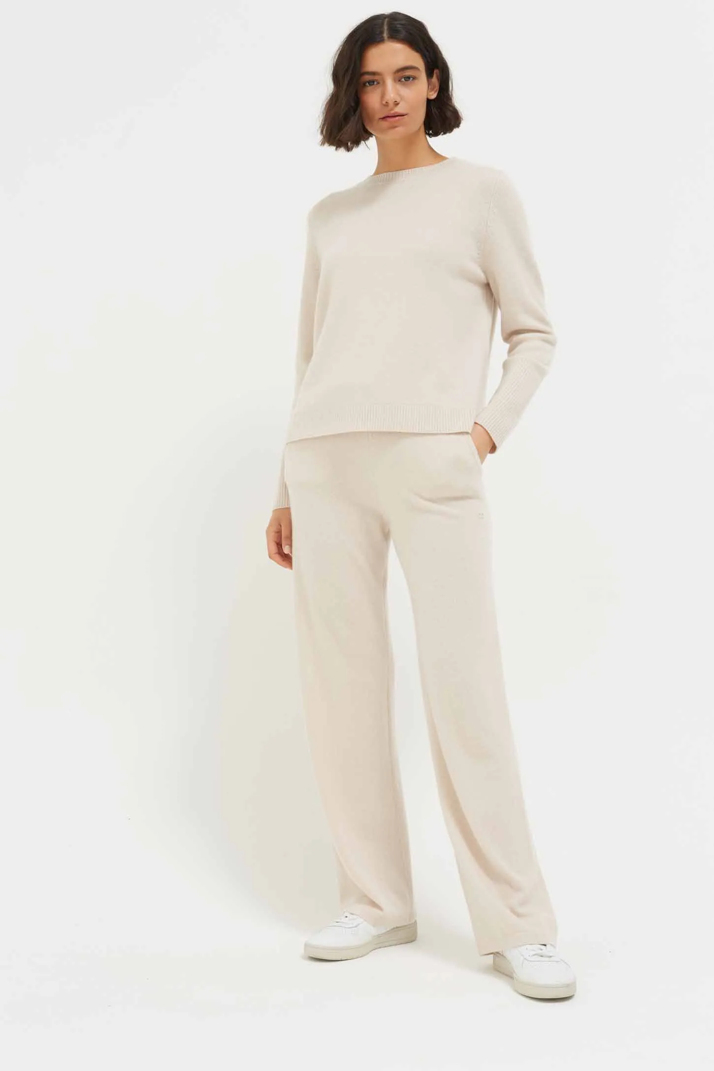 Bone Cashmere Wide-Leg Pants