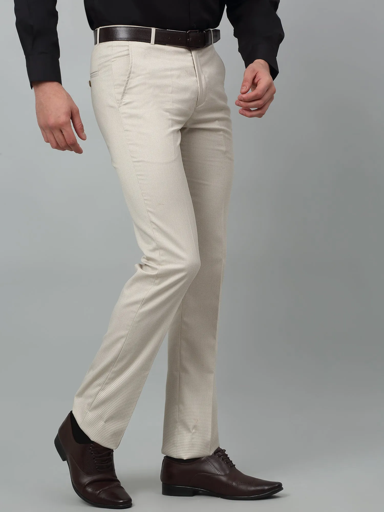 Cantabil Checkered Non Pleated Regular Fit Mid Rise Beige Formal Trousers for Men