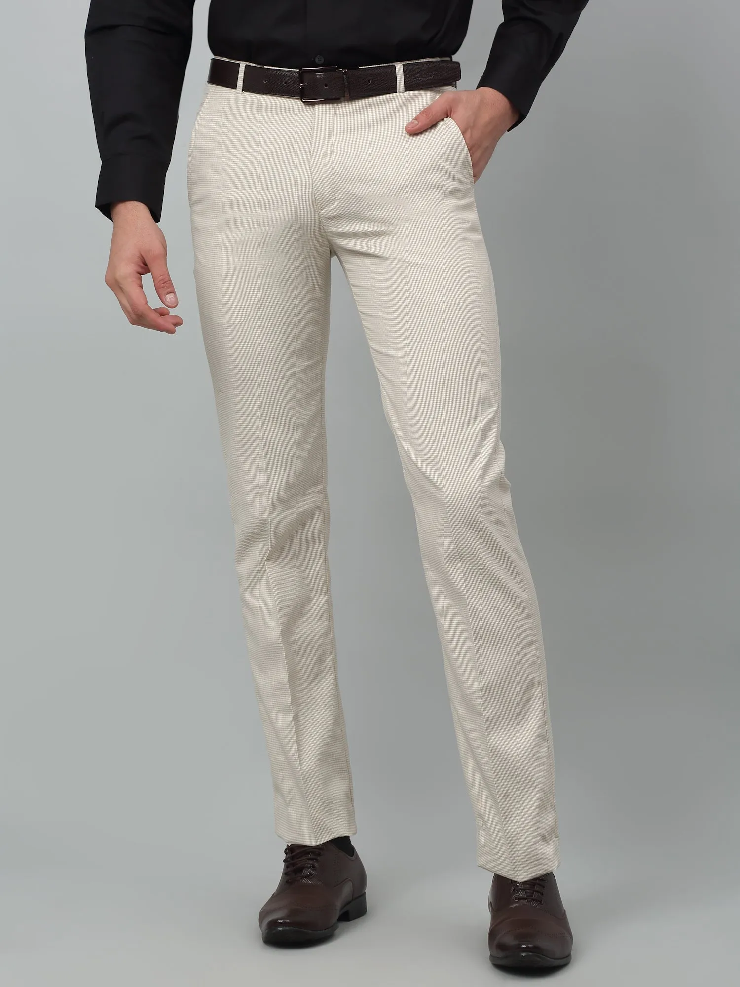Cantabil Checkered Non Pleated Regular Fit Mid Rise Beige Formal Trousers for Men