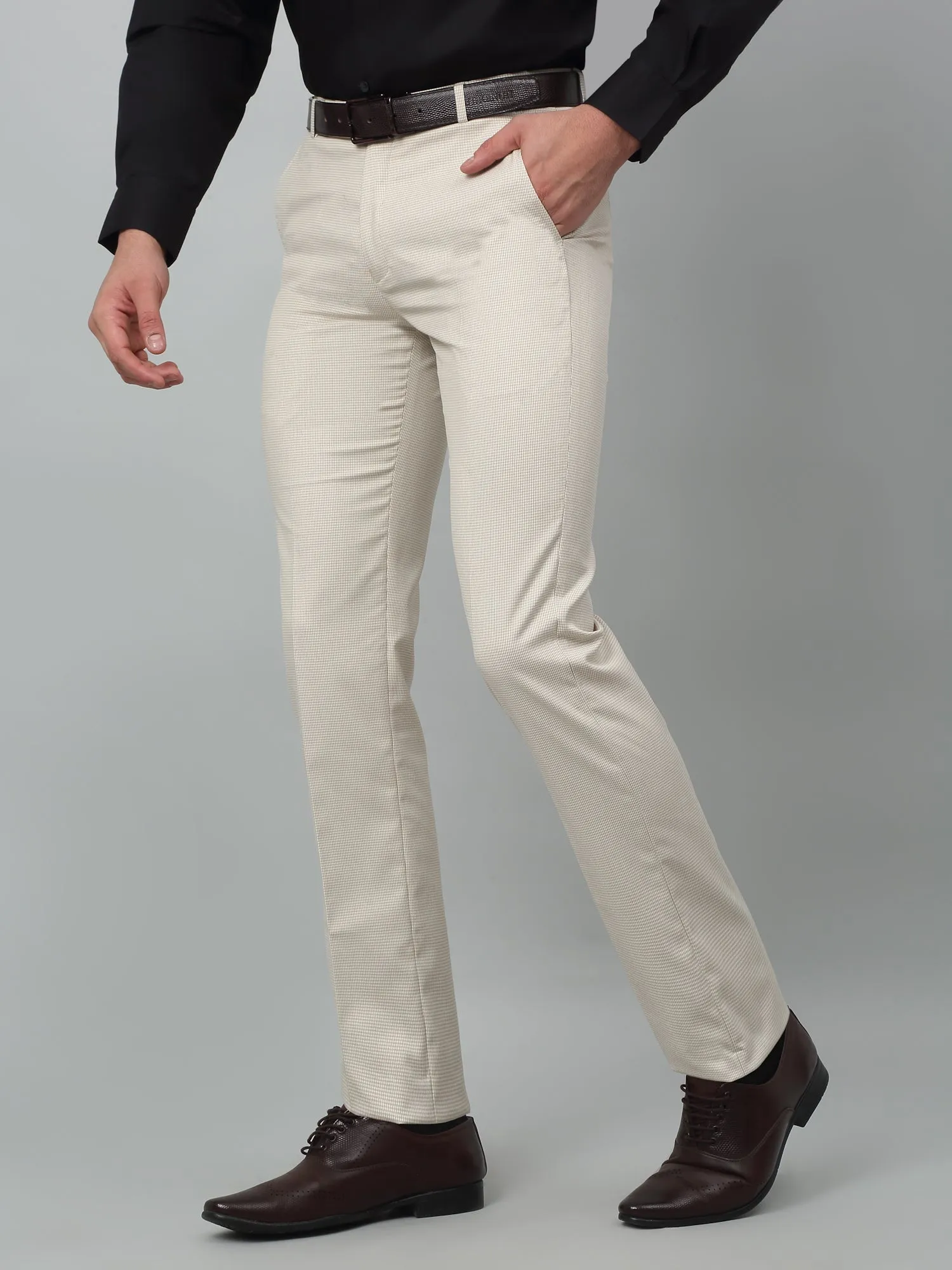 Cantabil Checkered Non Pleated Regular Fit Mid Rise Beige Formal Trousers for Men
