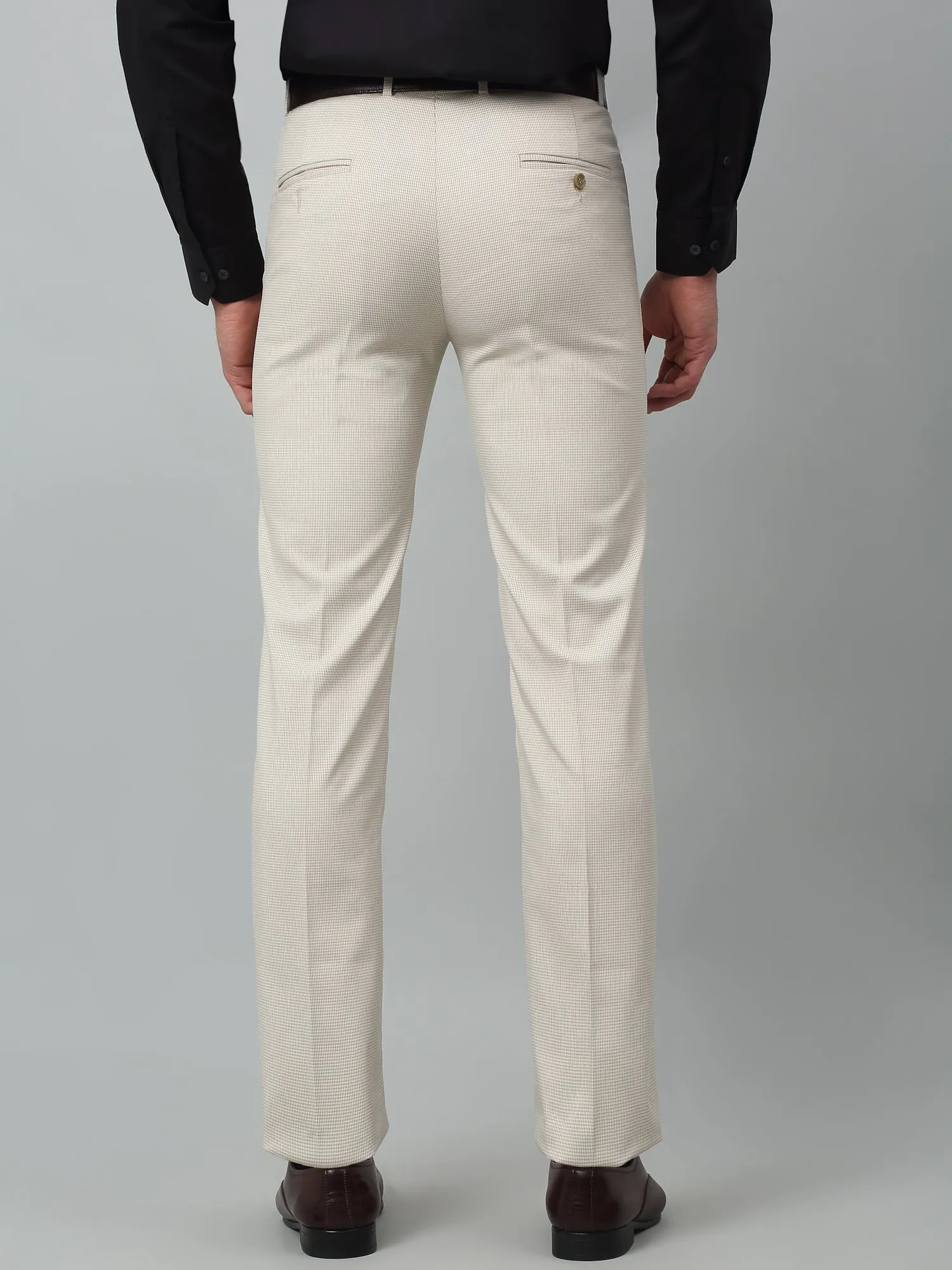 Cantabil Checkered Non Pleated Regular Fit Mid Rise Beige Formal Trousers for Men