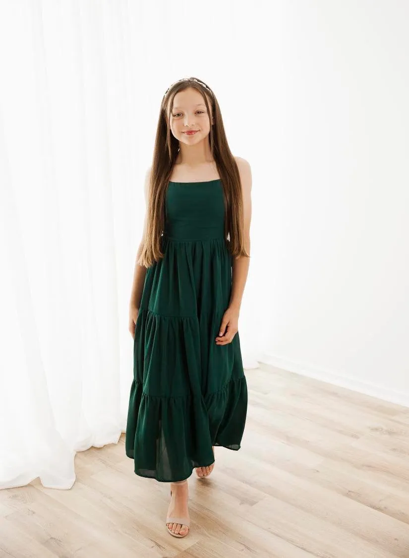 Clara Chiffon Girls Maxi Dress Forest Green