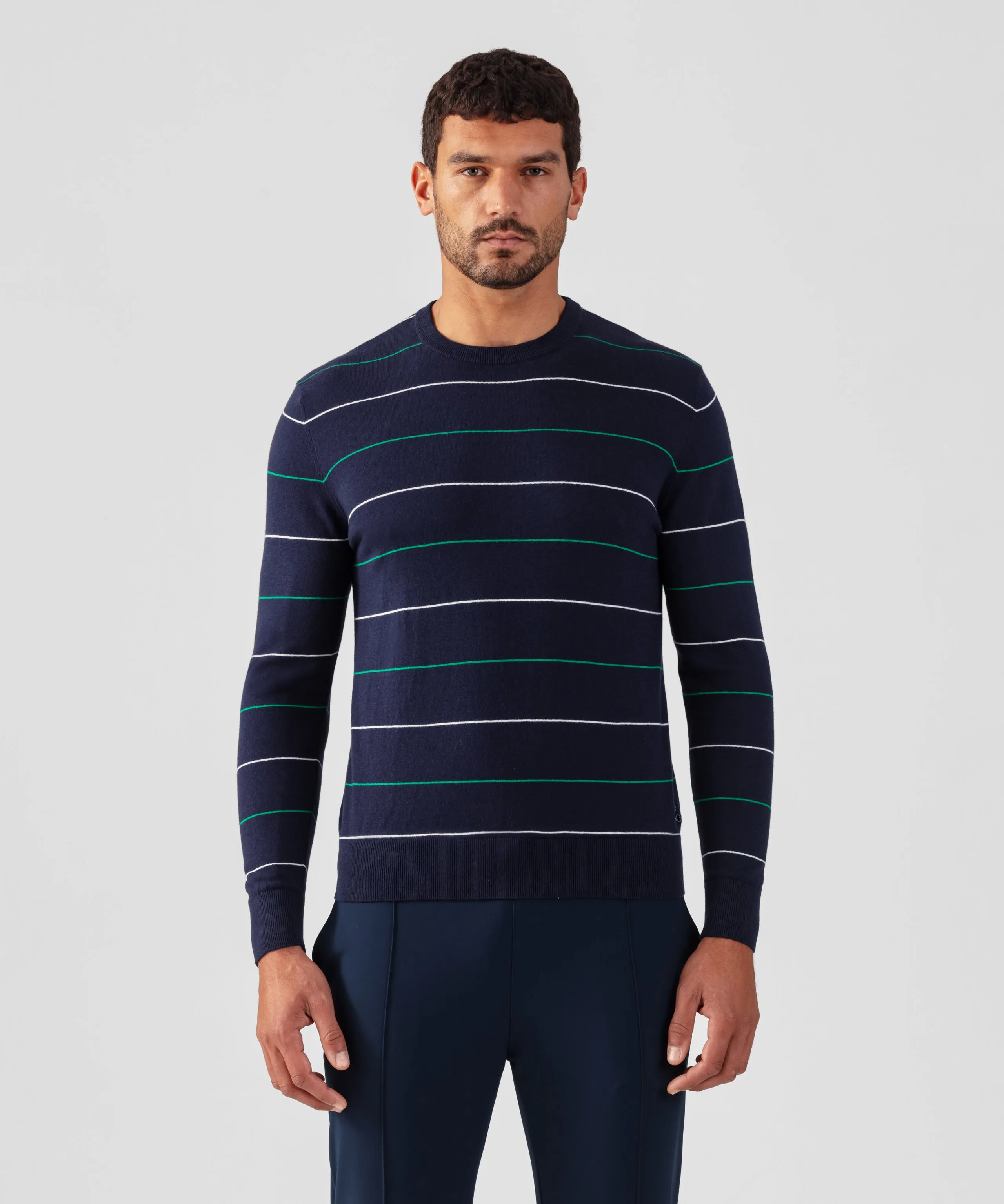Cotton-Silk Cashmere Sweater w. Tennis Stripes: Navy