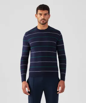 Cotton-Silk Cashmere Sweater w. Tennis Stripes: Navy