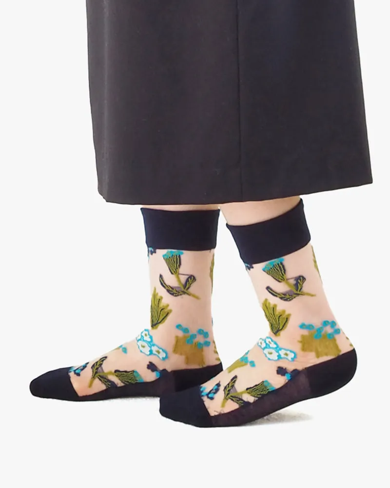 Debby Co., Crew Socks, Andé Collection, Mesh Indigo with Blue Flowers