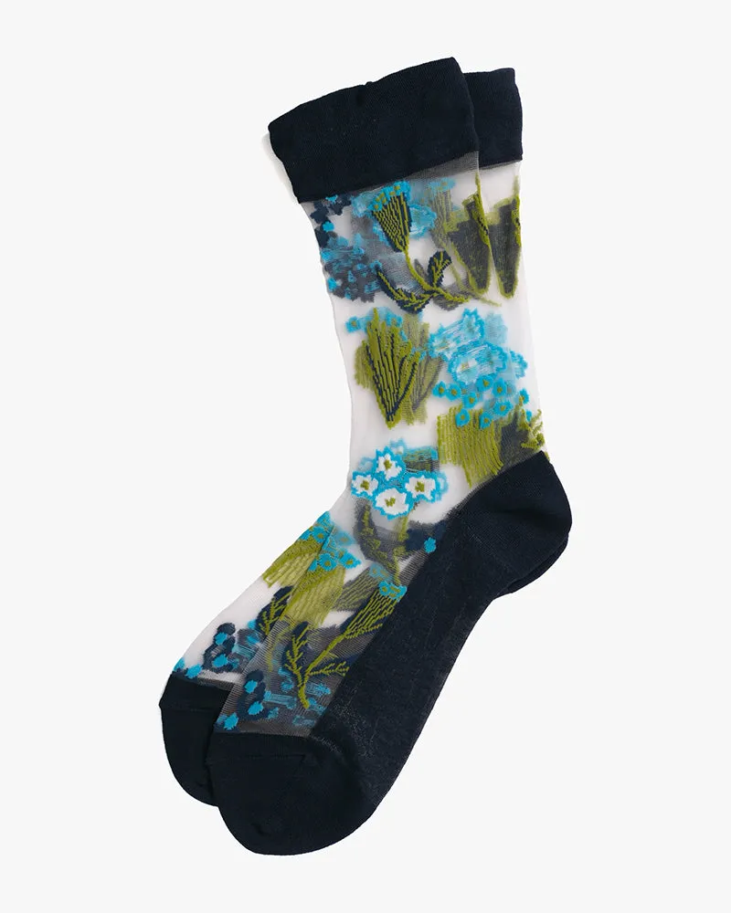 Debby Co., Crew Socks, Andé Collection, Mesh Indigo with Blue Flowers