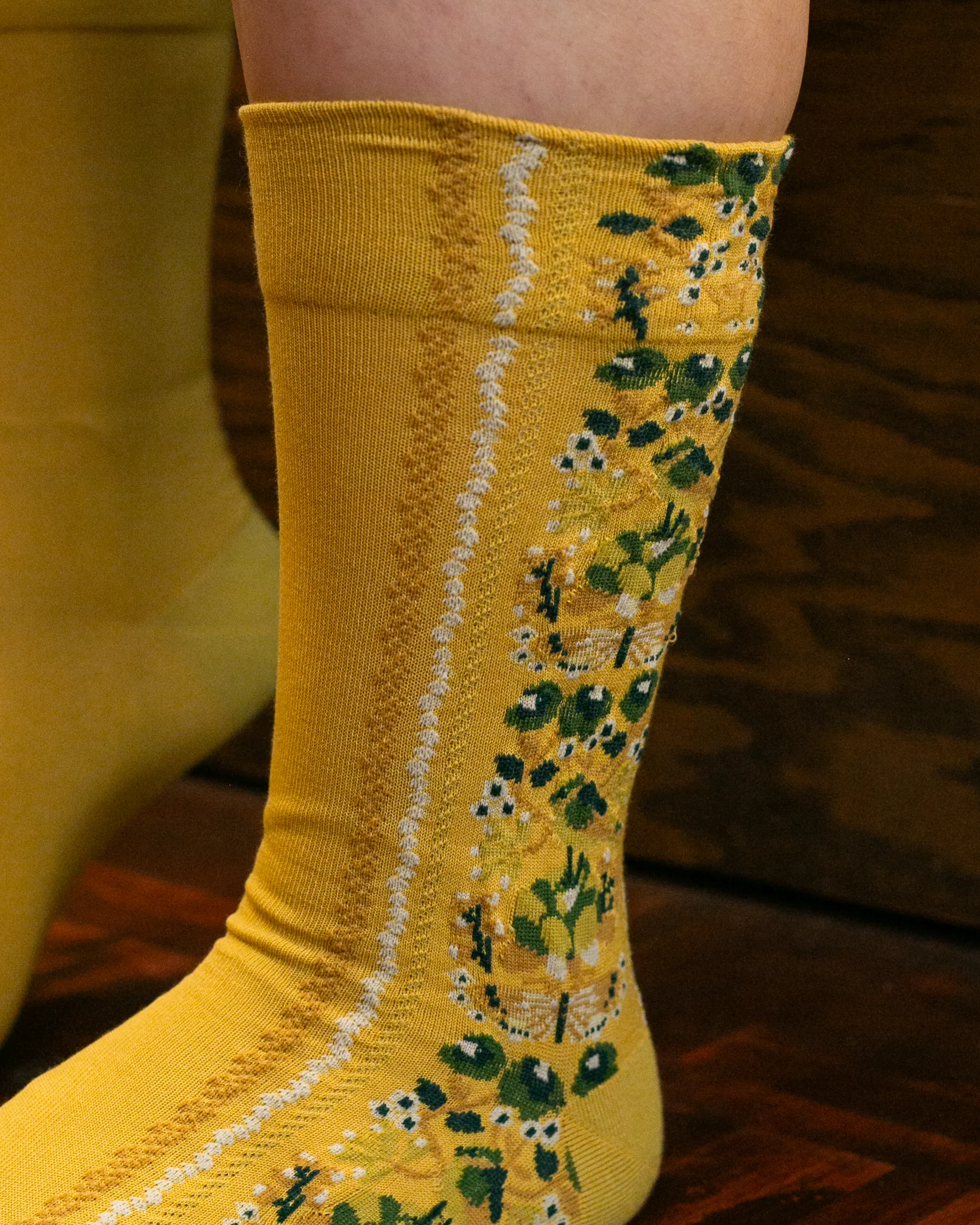 Debby Co., Crew Socks, Andé Collection, Yellow Shima with Nature