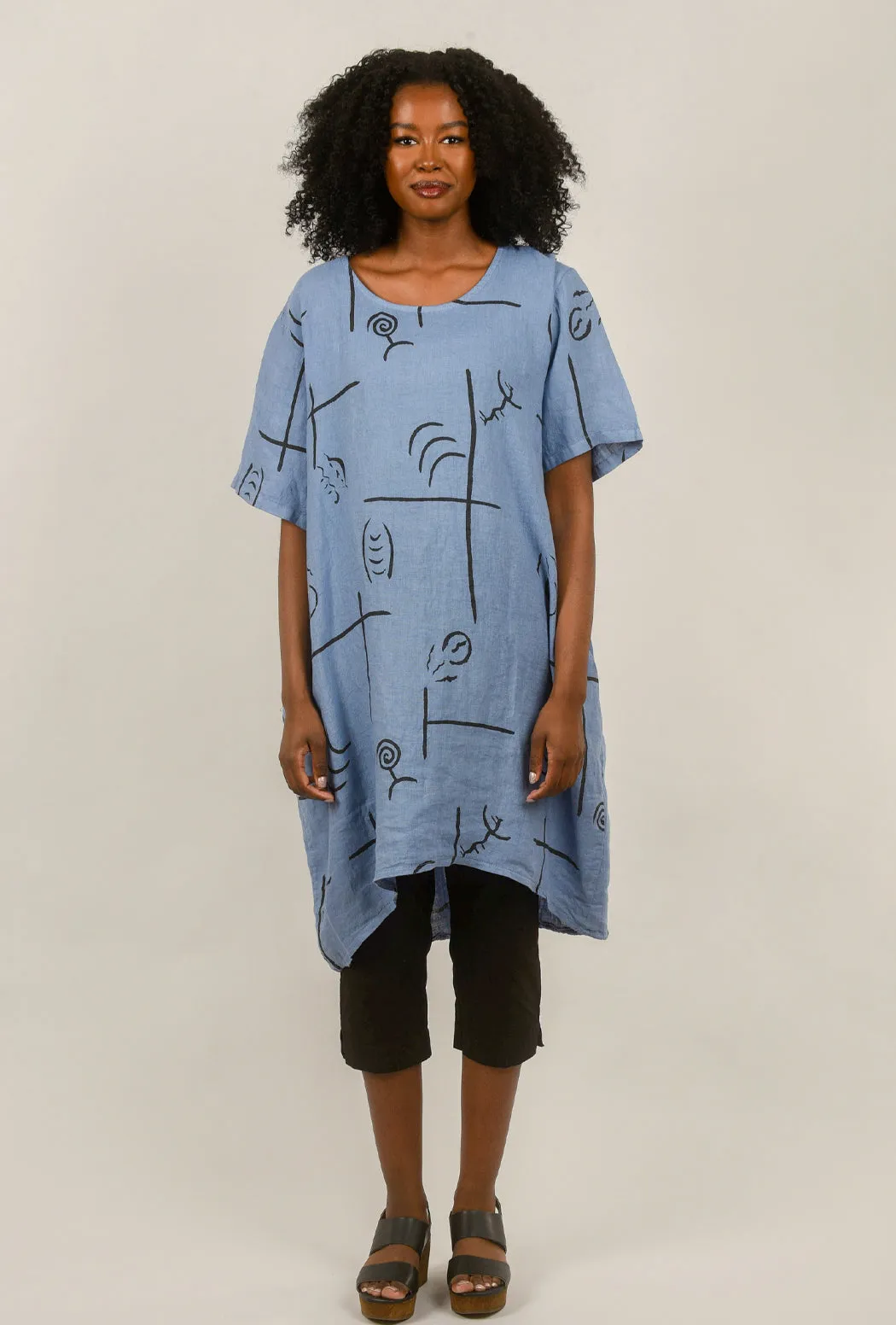 Drawstring Fish Print Dress, Blue