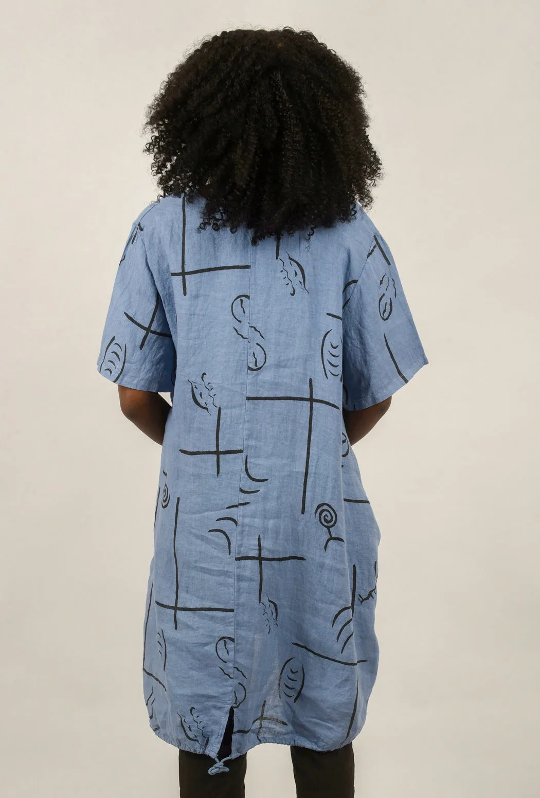 Drawstring Fish Print Dress, Blue