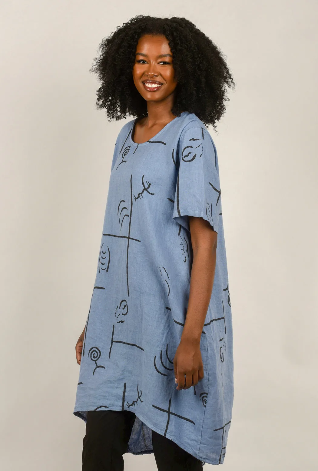 Drawstring Fish Print Dress, Blue