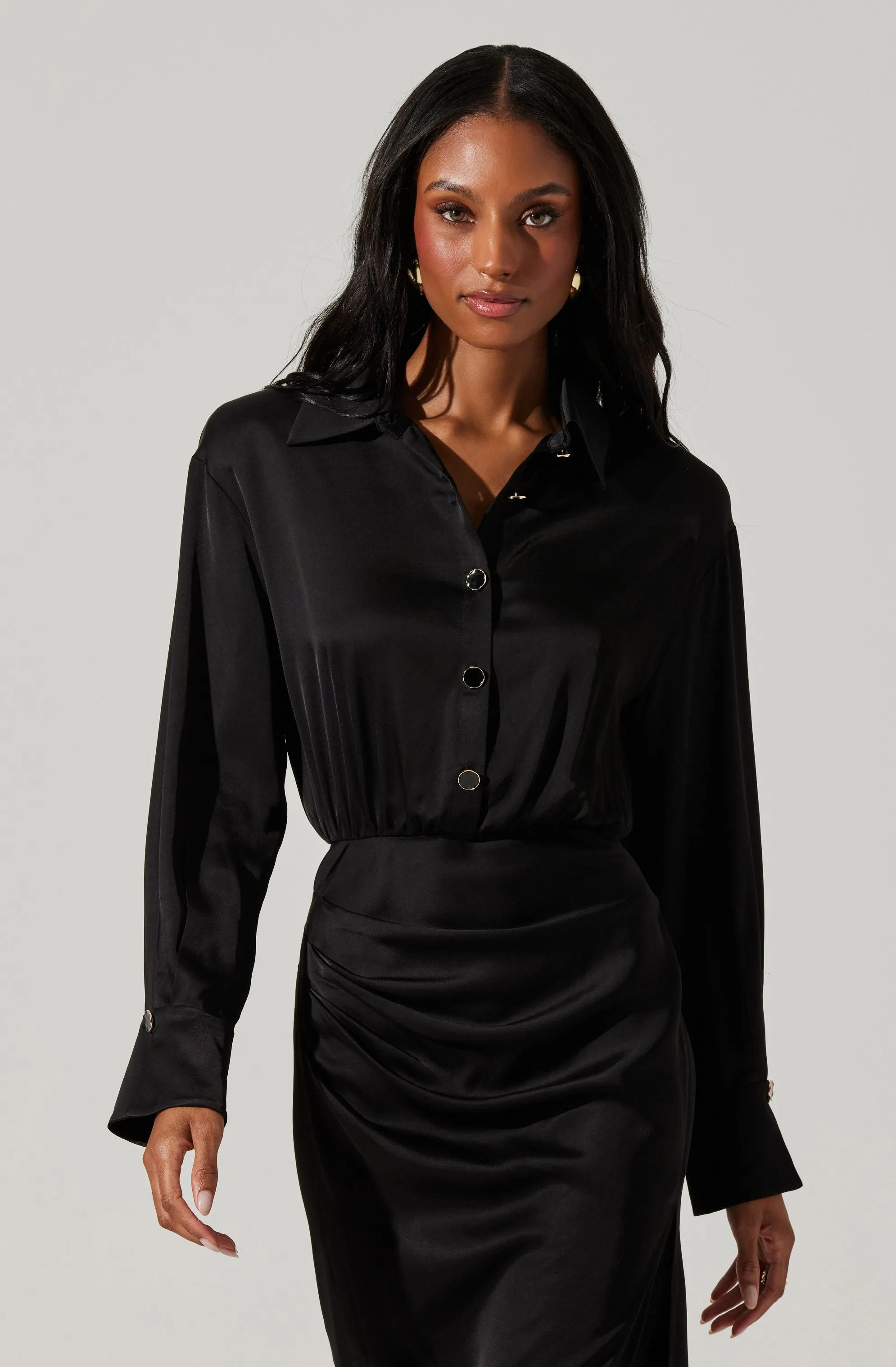 Elizabello Satin Shirt Midi Dress