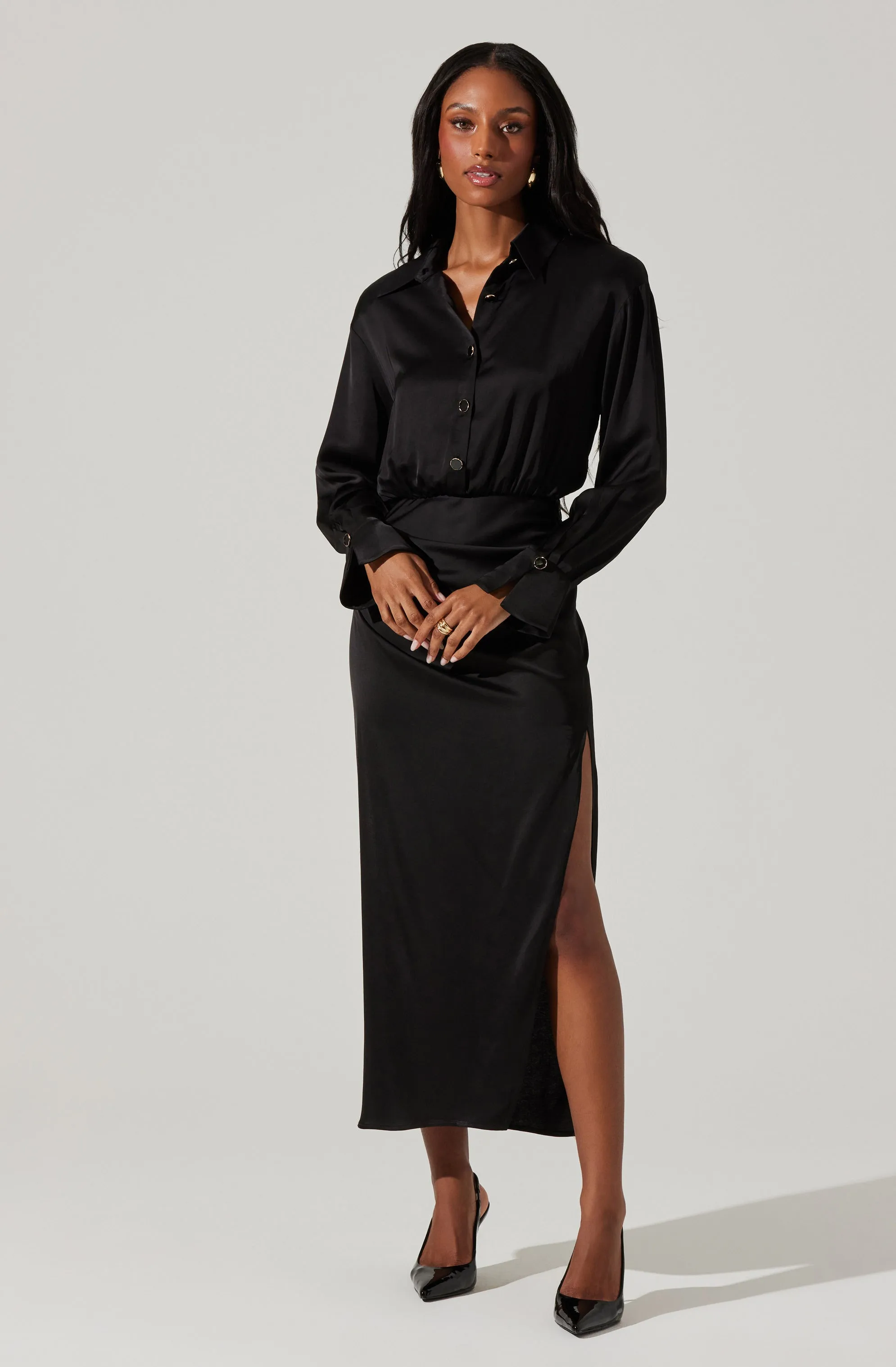Elizabello Satin Shirt Midi Dress