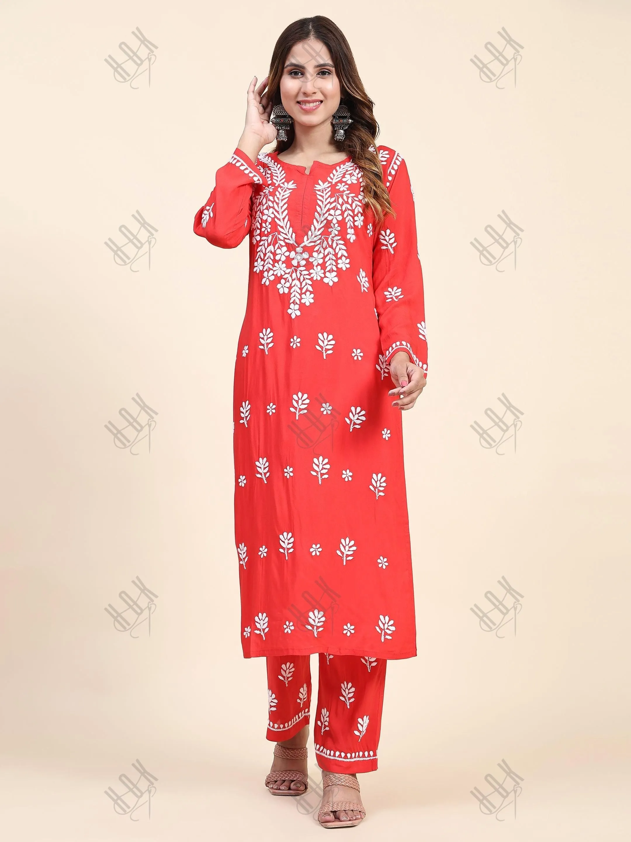Fizaa Chikankari  Long Modal Kurta Set - RED