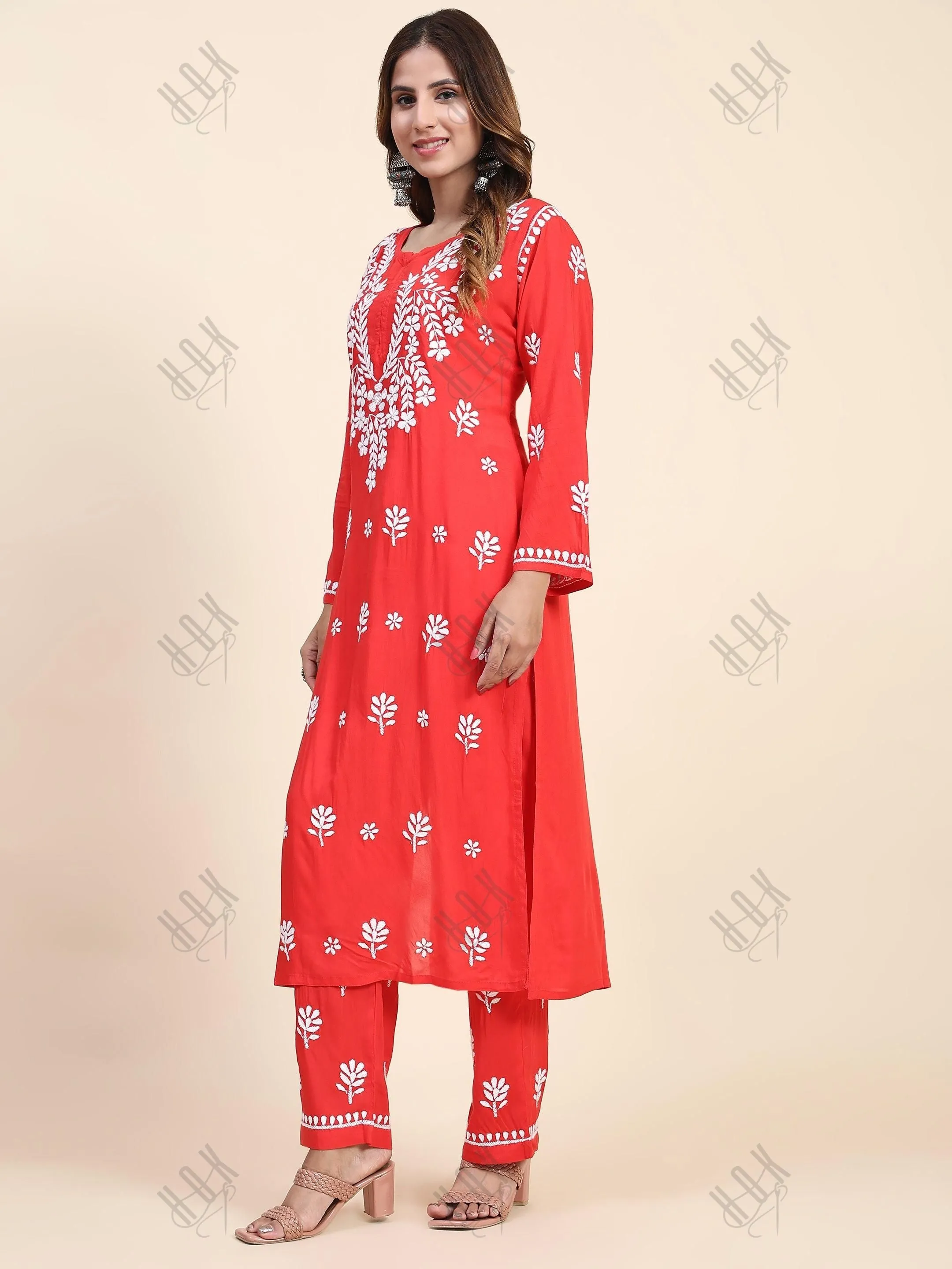 Fizaa Chikankari  Long Modal Kurta Set - RED