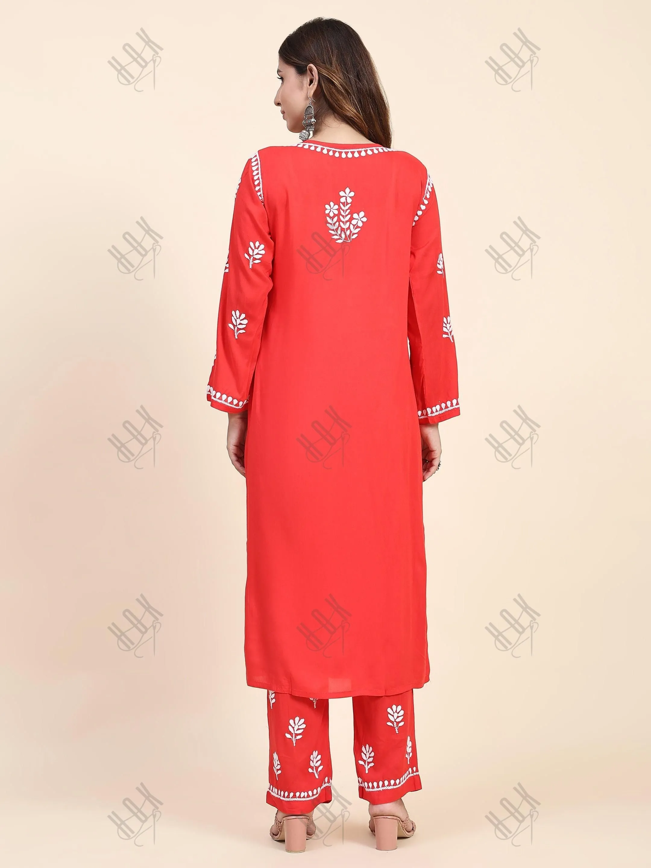 Fizaa Chikankari  Long Modal Kurta Set - RED