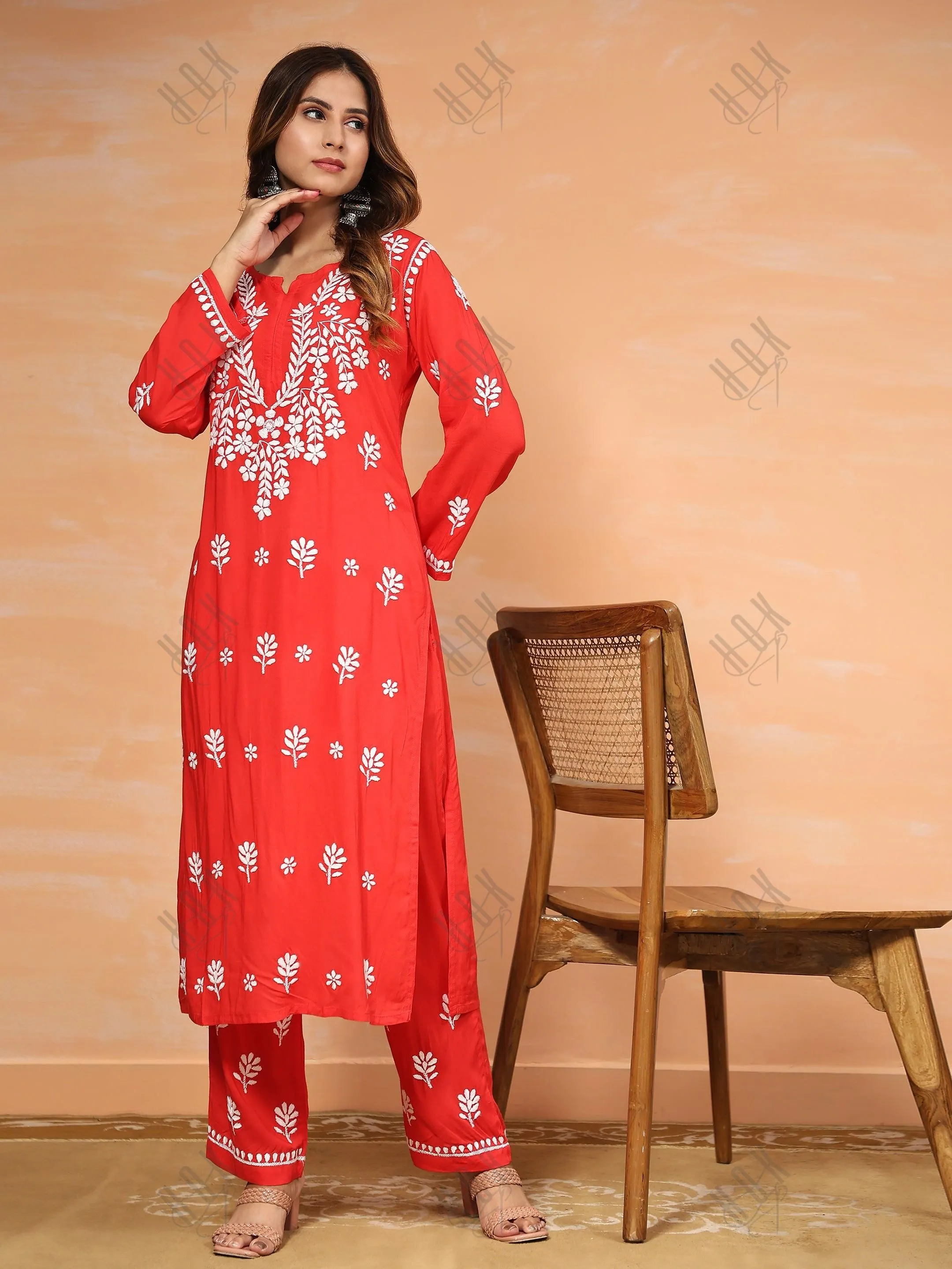 Fizaa Chikankari  Long Modal Kurta Set - RED