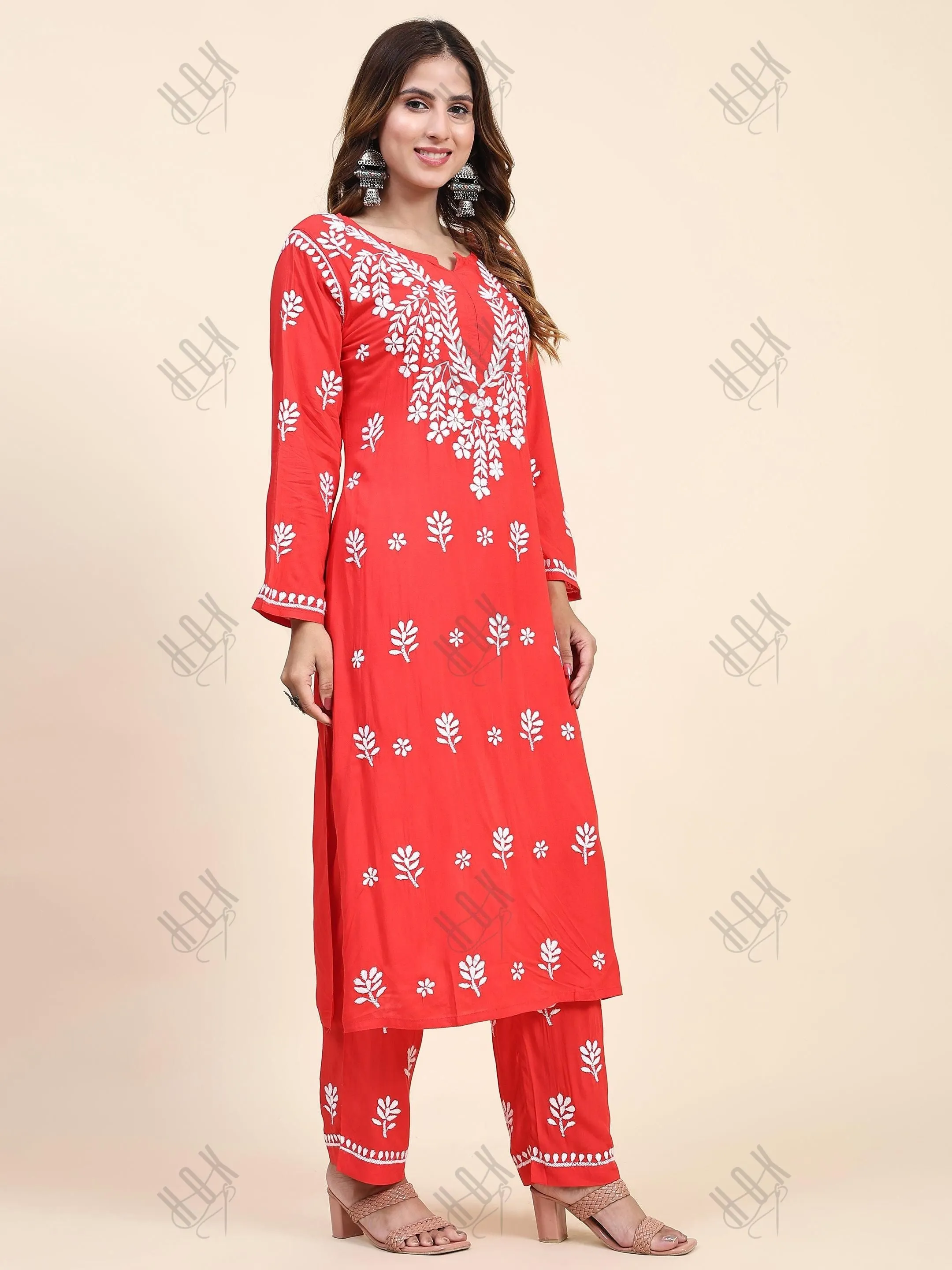Fizaa Chikankari  Long Modal Kurta Set - RED