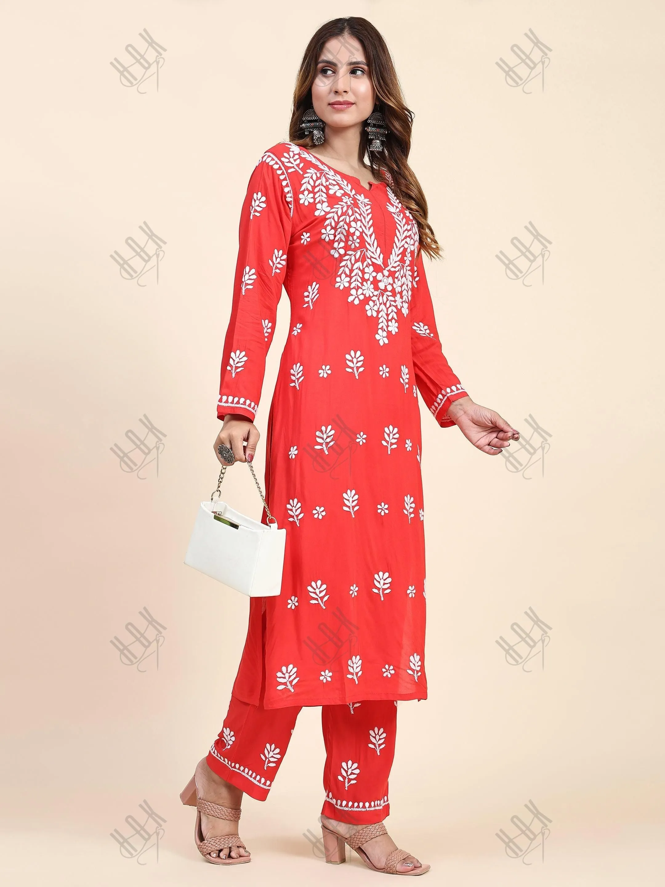 Fizaa Chikankari  Long Modal Kurta Set - RED