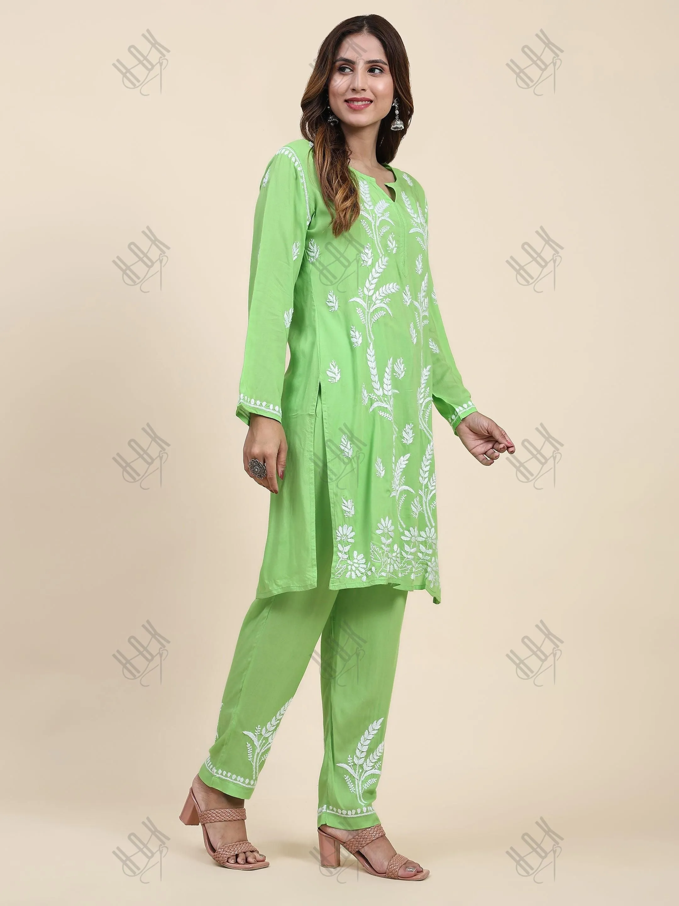Fizaa Chikankari Short Modal Kurta Set - Green