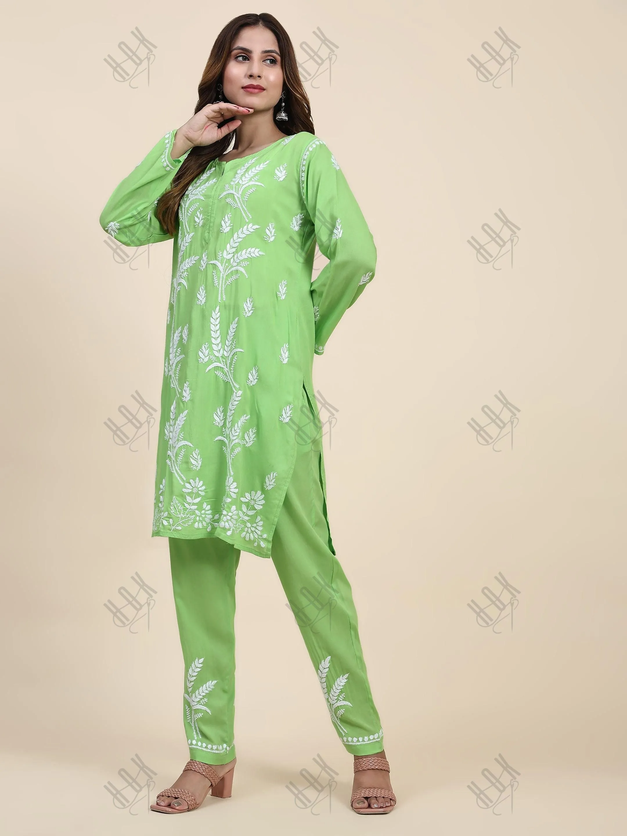 Fizaa Chikankari Short Modal Kurta Set - Green