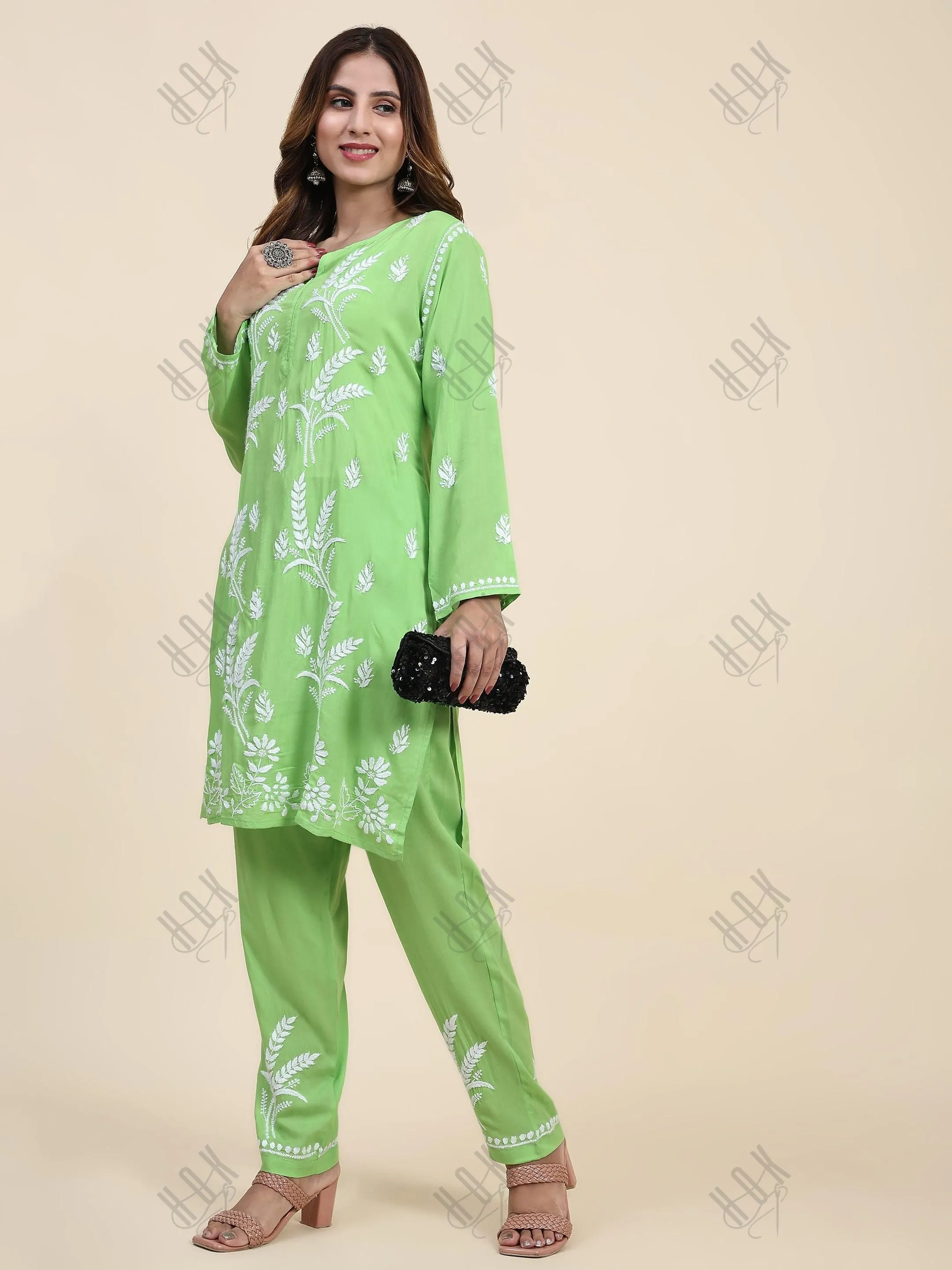 Fizaa Chikankari Short Modal Kurta Set - Green