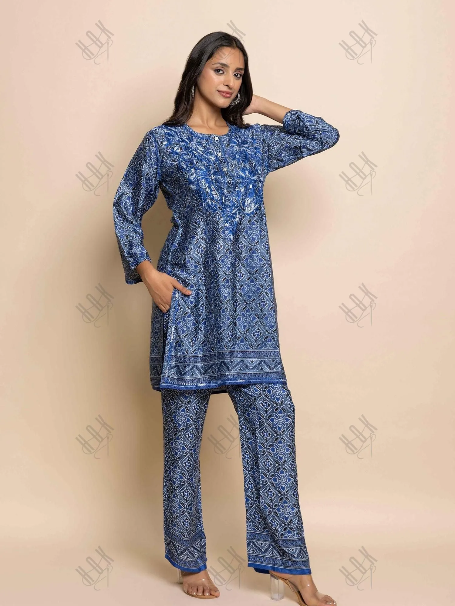 Fizaa Hand embroidered chikankari cord set in Poly Silk Blue