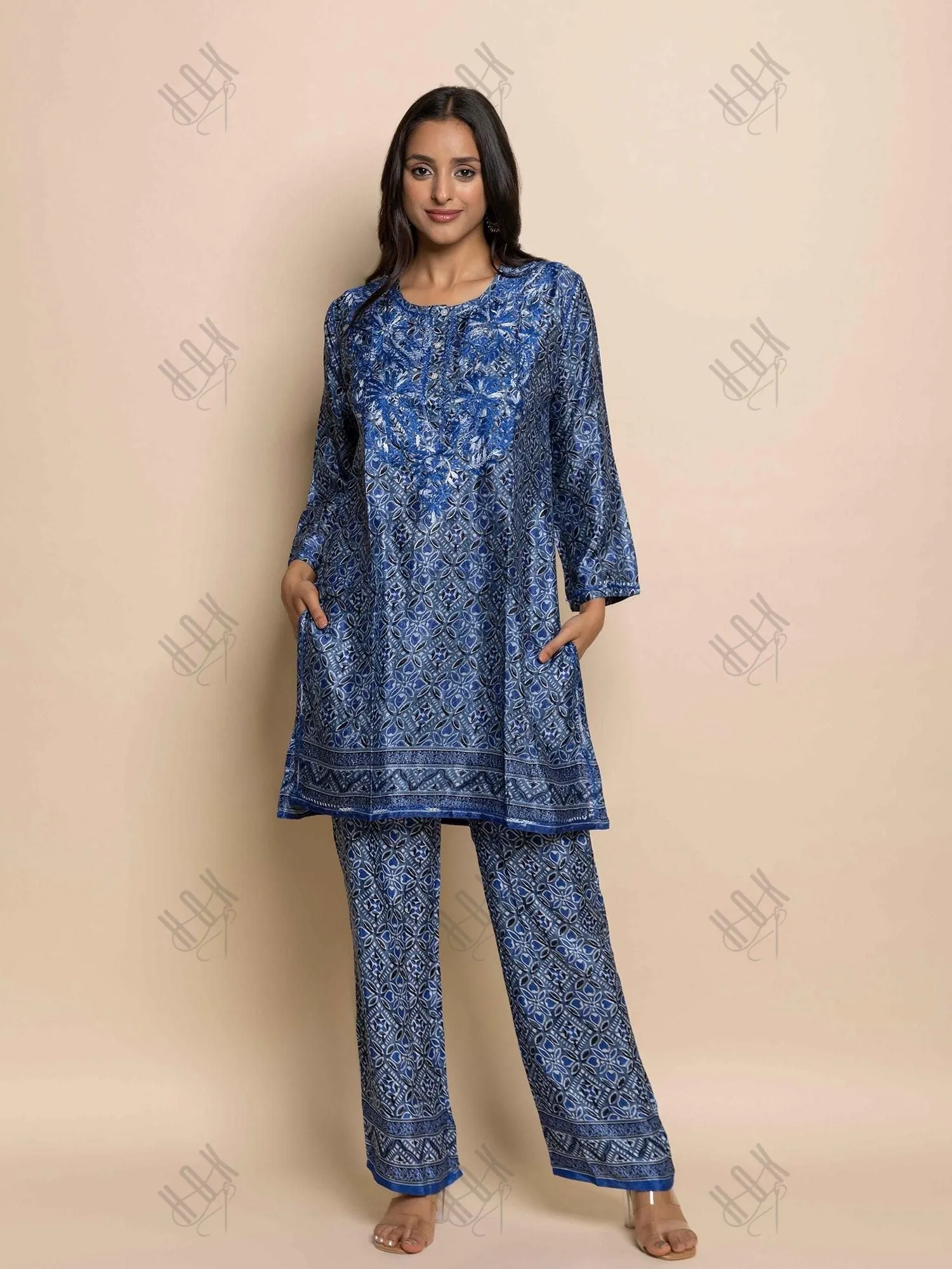Fizaa Hand embroidered chikankari cord set in Poly Silk Blue