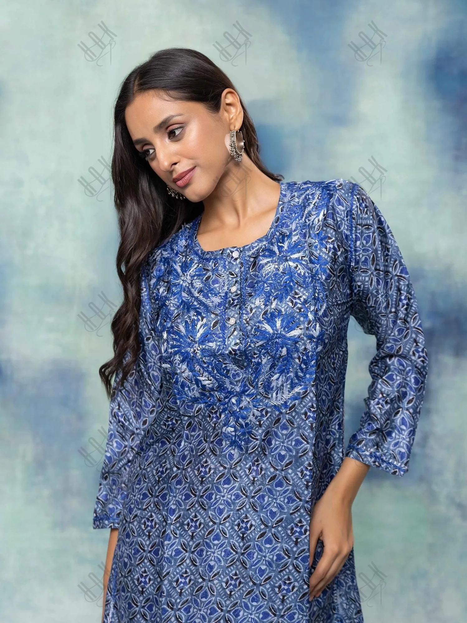 Fizaa Hand embroidered chikankari cord set in Poly Silk Blue