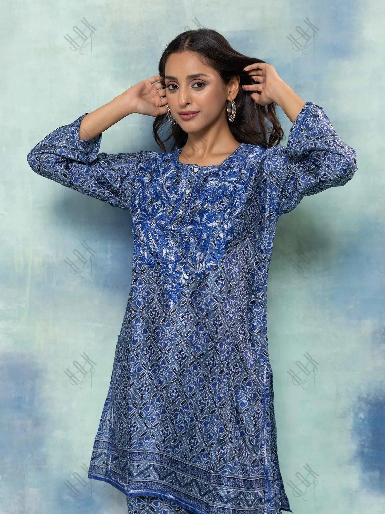 Fizaa Hand embroidered chikankari cord set in Poly Silk Blue