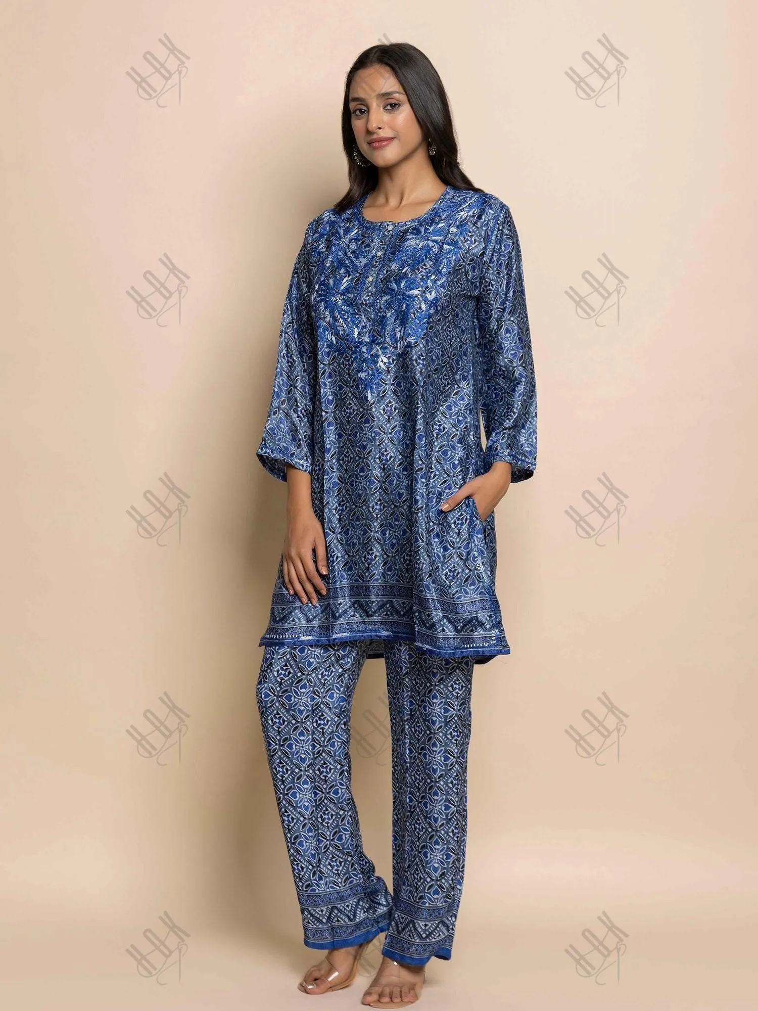 Fizaa Hand embroidered chikankari cord set in Poly Silk Blue