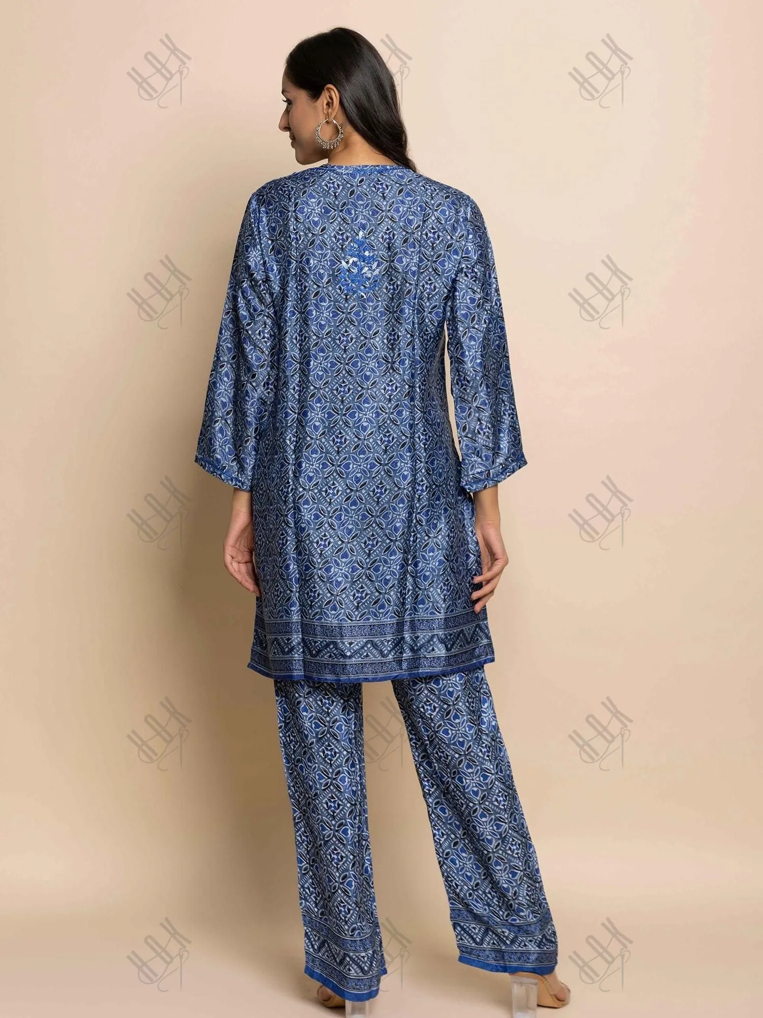 Fizaa Hand embroidered chikankari cord set in Poly Silk Blue