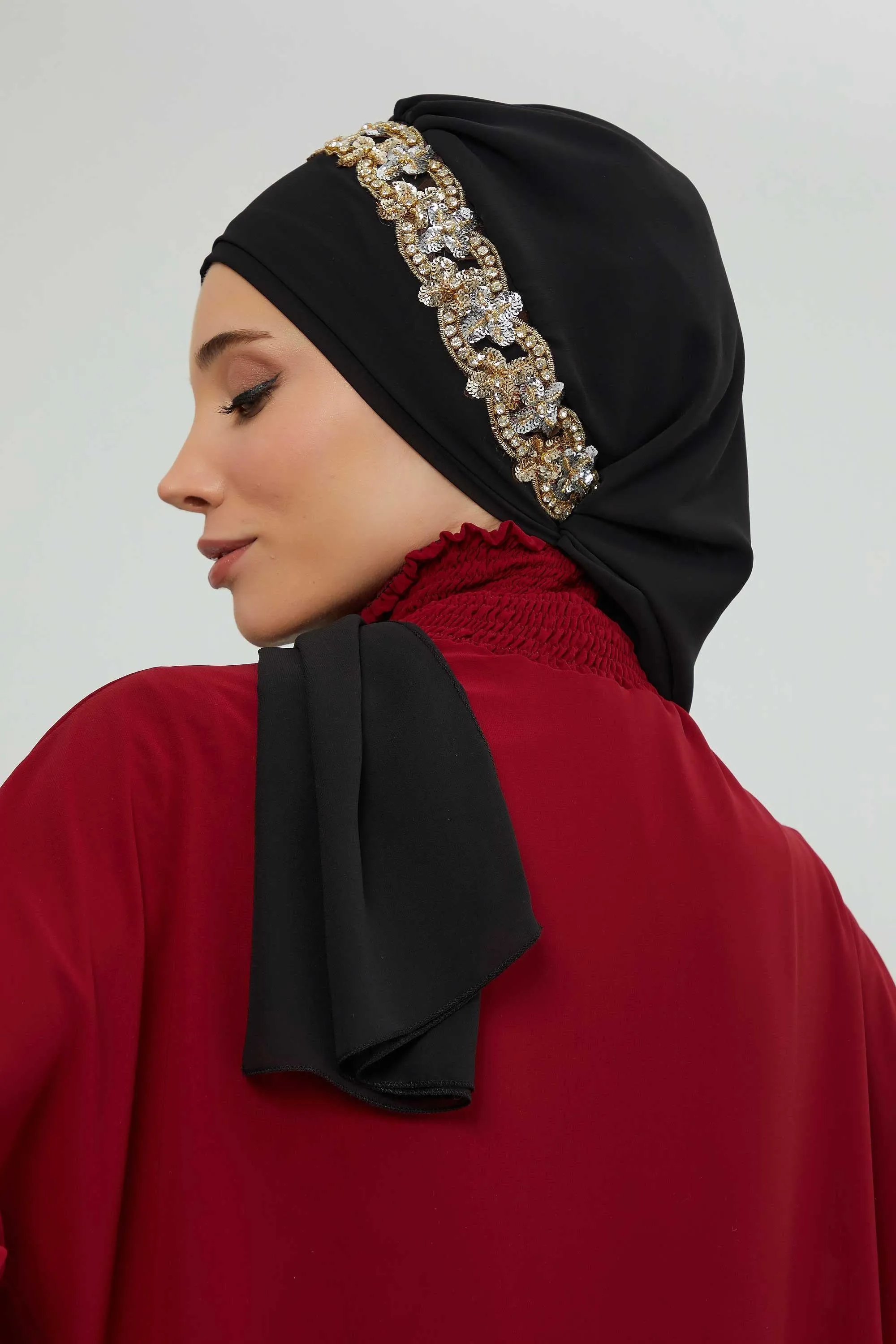 Glamorous Chiffon Instant Turban with Gold & Silver Embellishments, Wedding Instant Turban with Sparkling Headband for Special Events,HT-101
