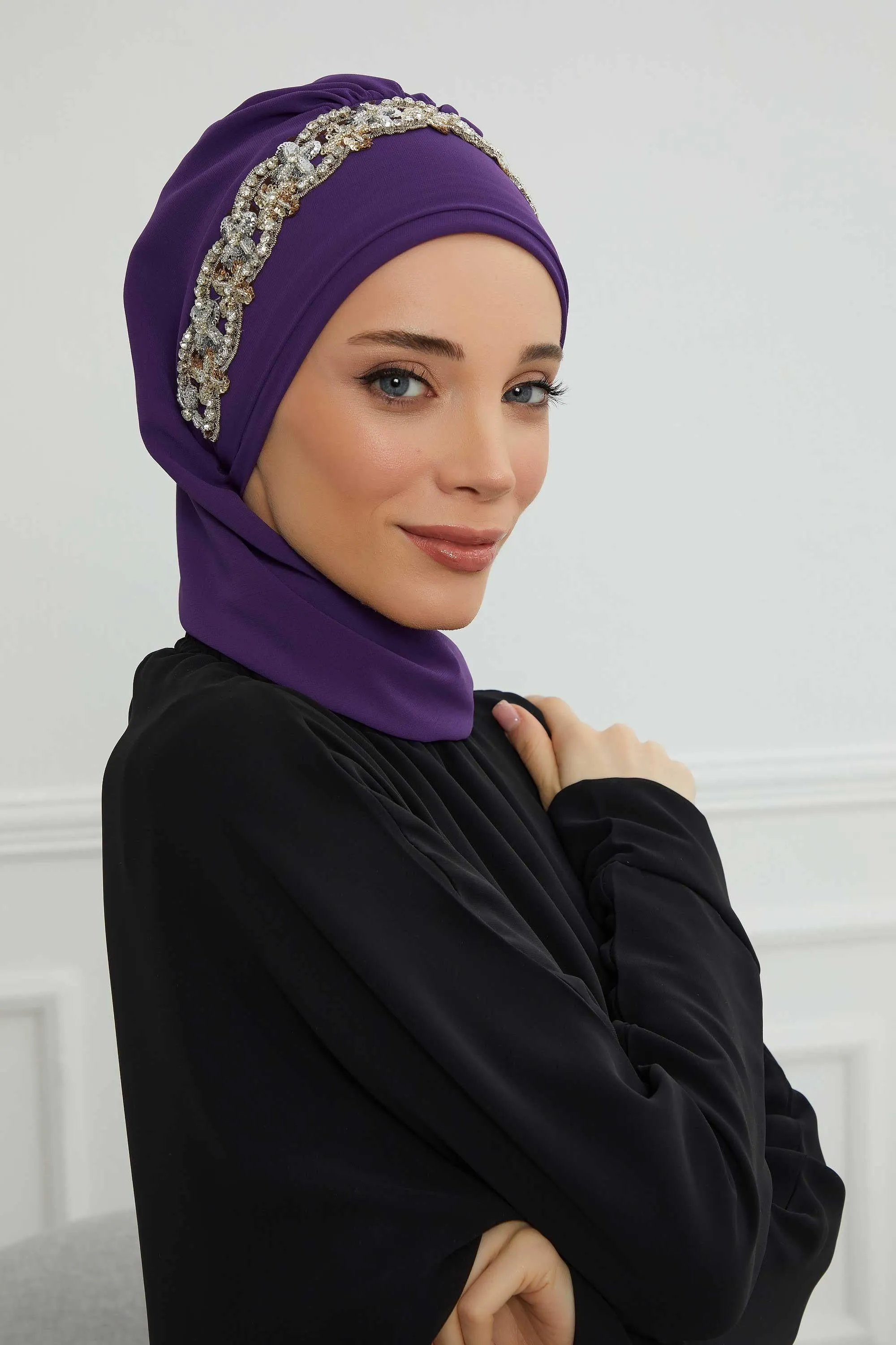 Glamorous Chiffon Instant Turban with Gold & Silver Embellishments, Wedding Instant Turban with Sparkling Headband for Special Events,HT-101