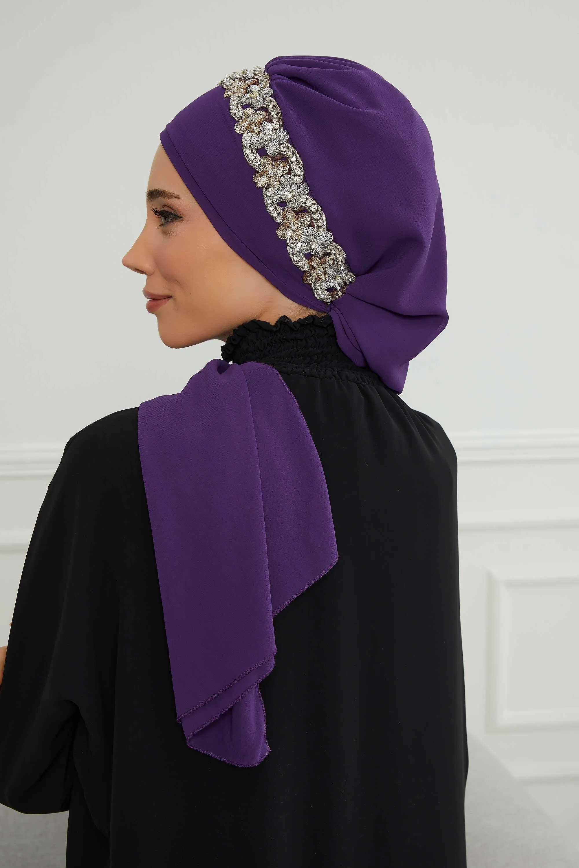 Glamorous Chiffon Instant Turban with Gold & Silver Embellishments, Wedding Instant Turban with Sparkling Headband for Special Events,HT-101