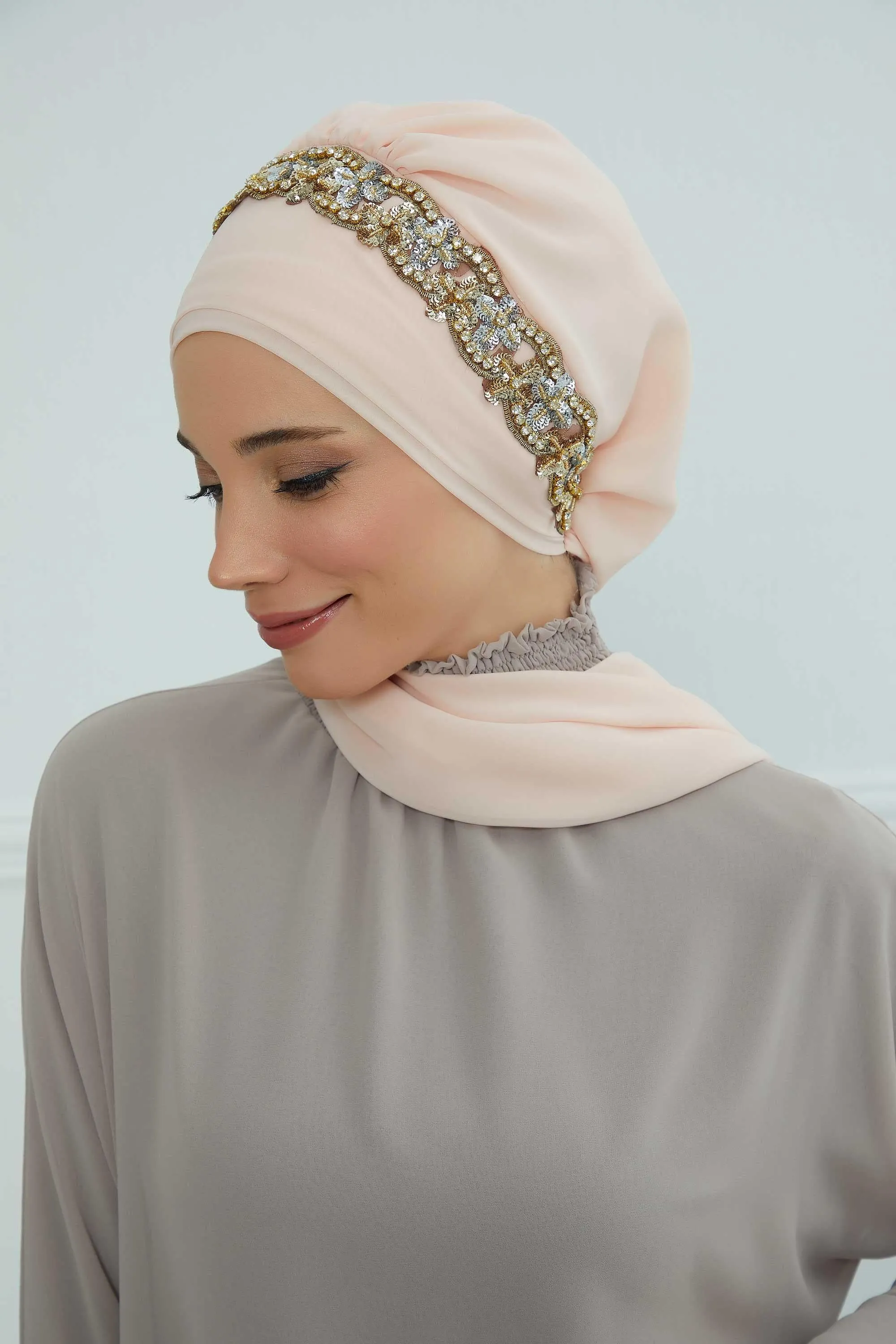 Glamorous Chiffon Instant Turban with Gold & Silver Embellishments, Wedding Instant Turban with Sparkling Headband for Special Events,HT-101