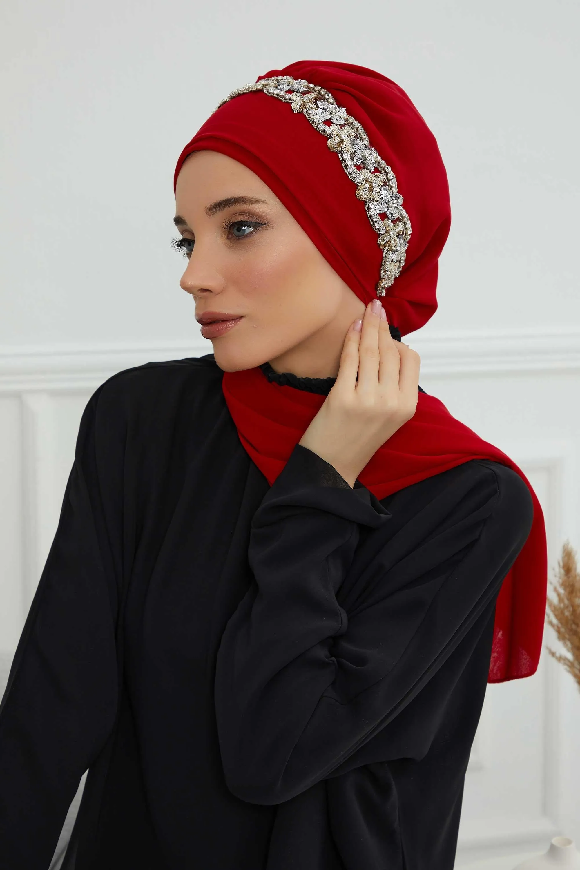 Glamorous Chiffon Instant Turban with Gold & Silver Embellishments, Wedding Instant Turban with Sparkling Headband for Special Events,HT-101