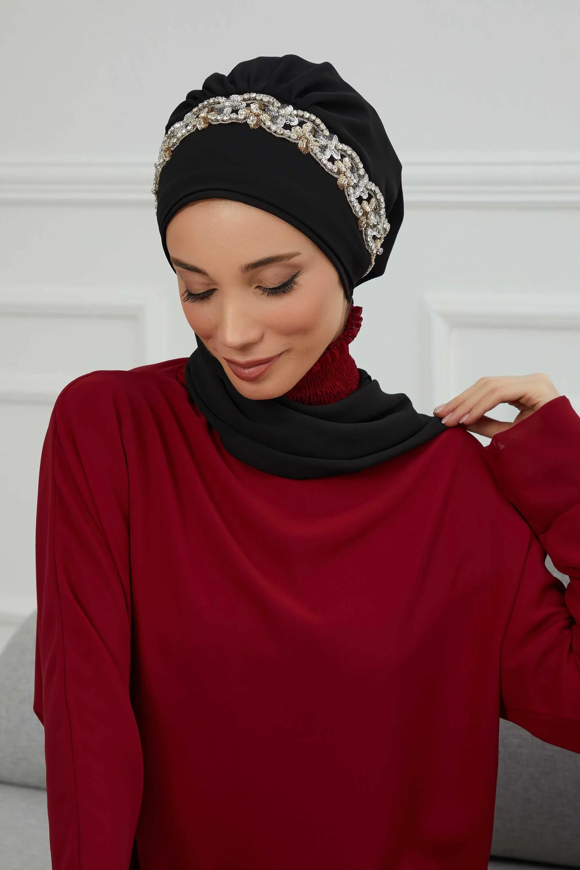 Glamorous Chiffon Instant Turban with Gold & Silver Embellishments, Wedding Instant Turban with Sparkling Headband for Special Events,HT-101