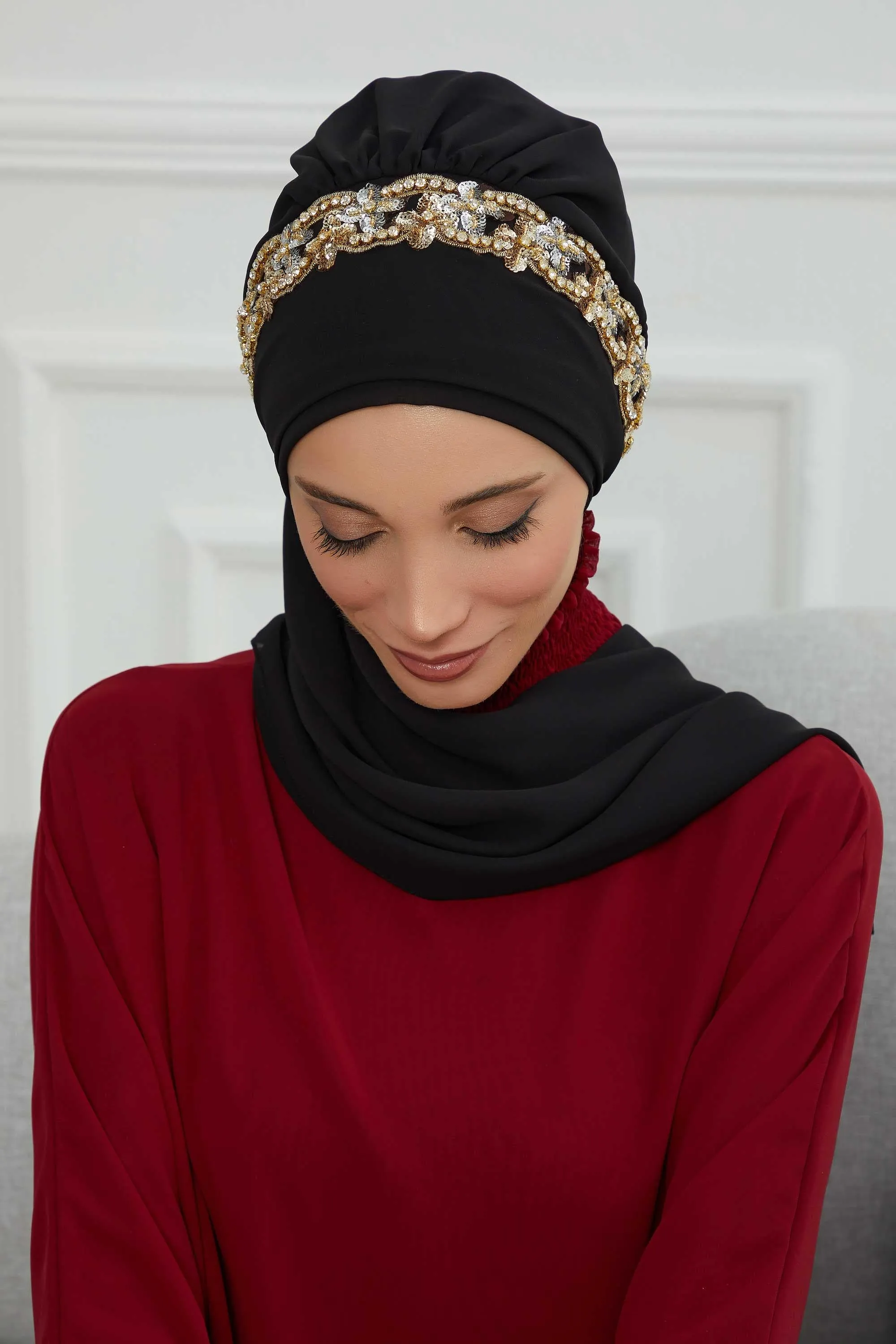 Glamorous Chiffon Instant Turban with Gold & Silver Embellishments, Wedding Instant Turban with Sparkling Headband for Special Events,HT-101
