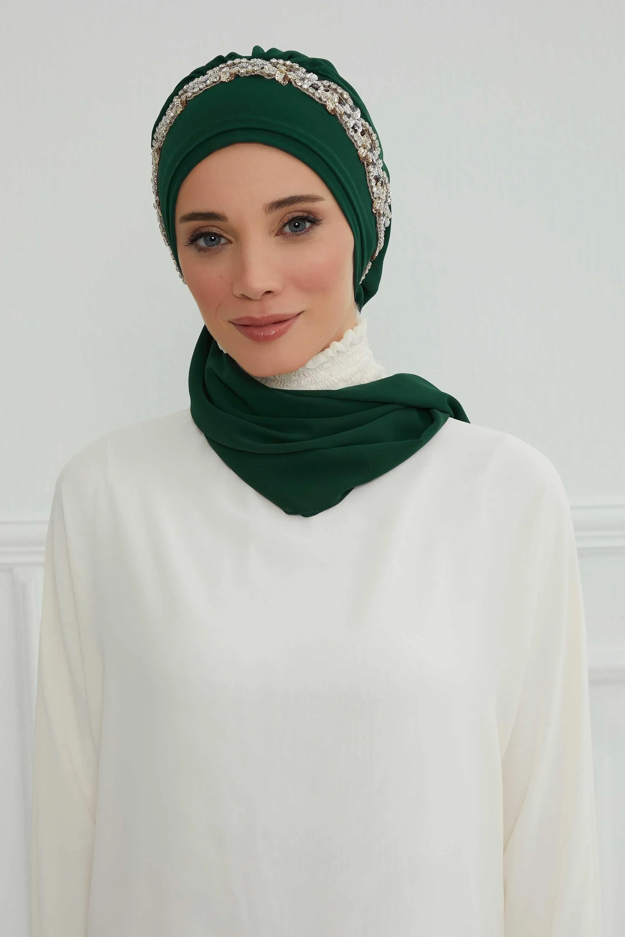 Glamorous Chiffon Instant Turban with Gold & Silver Embellishments, Wedding Instant Turban with Sparkling Headband for Special Events,HT-101