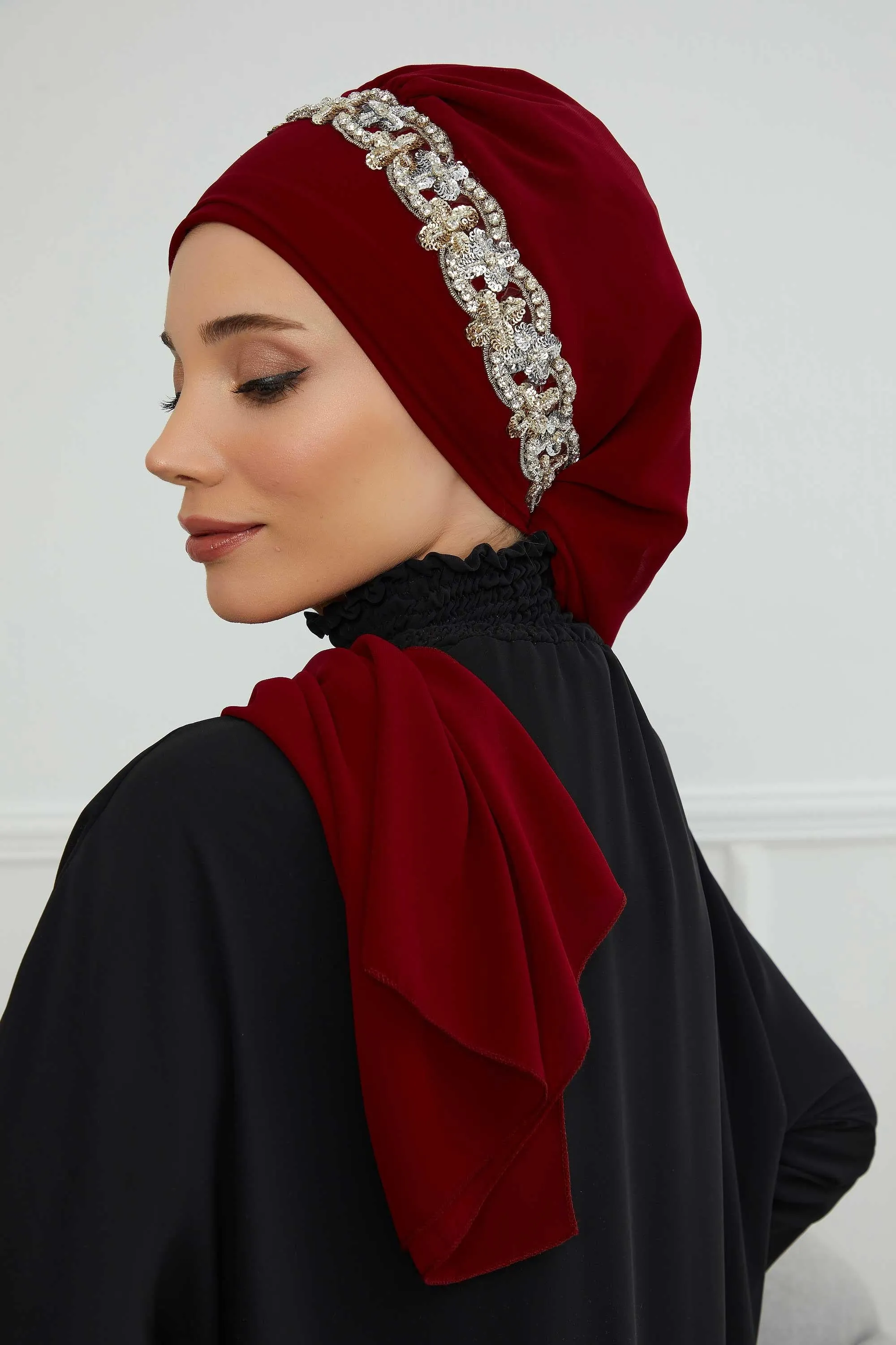 Glamorous Chiffon Instant Turban with Gold & Silver Embellishments, Wedding Instant Turban with Sparkling Headband for Special Events,HT-101